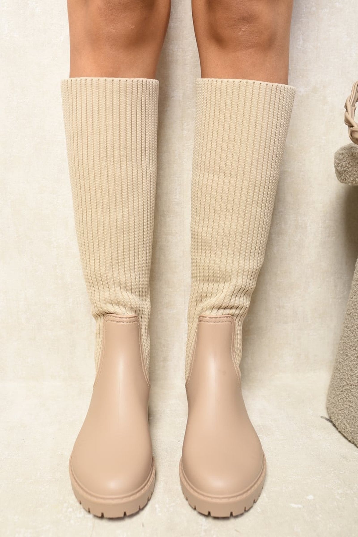Lucille High Sock Platform Boots - Beige