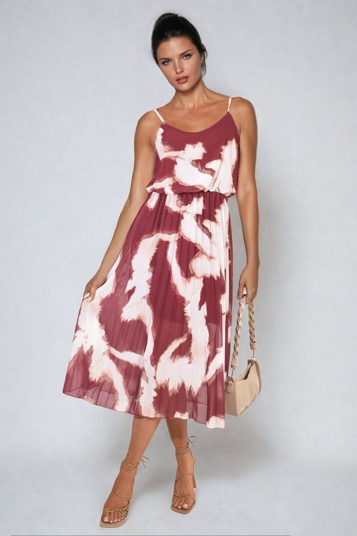 Lucy Printed Strappy Pleated Midi Dress - Bordeaux