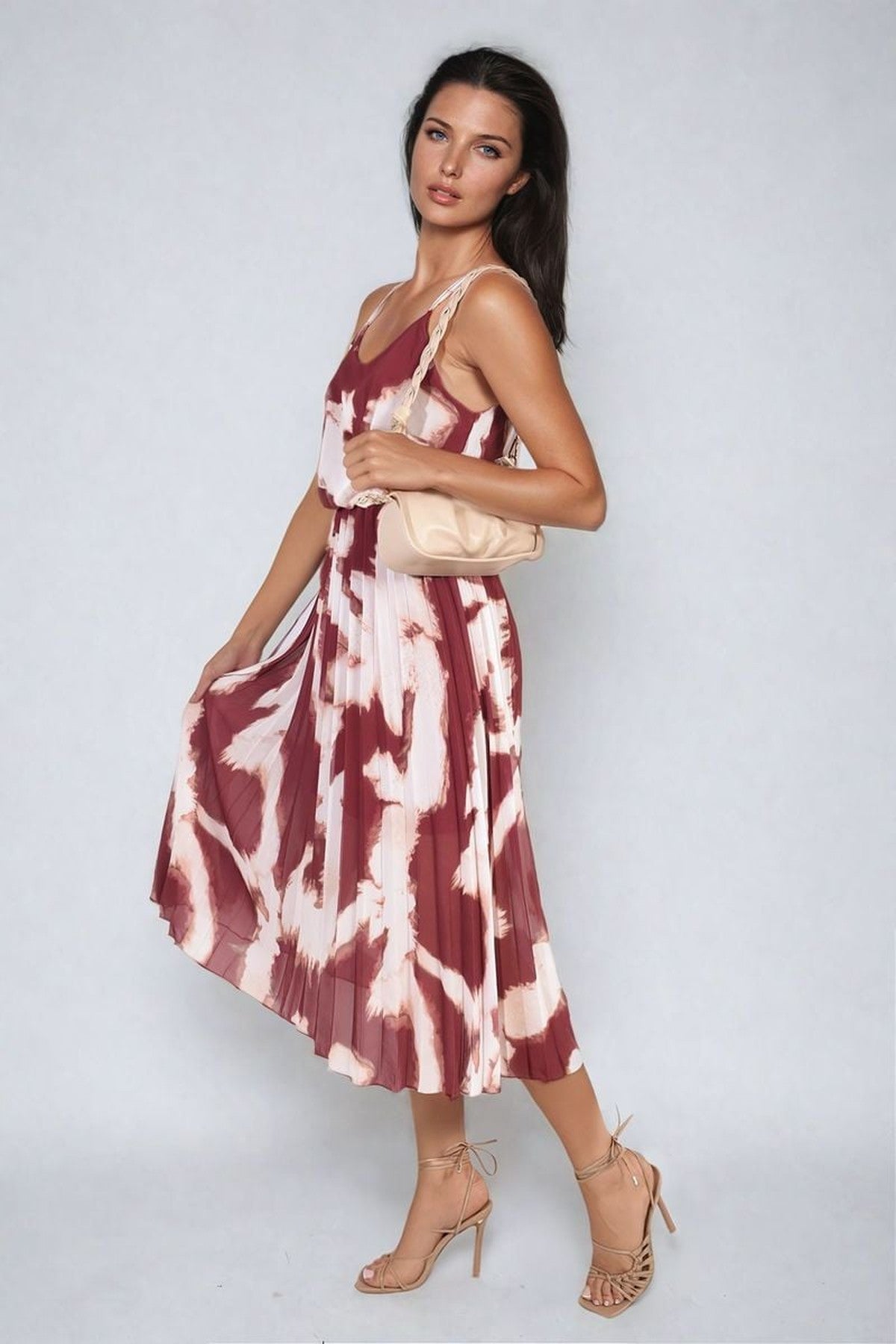 Lucy Printed Strappy Pleated Midi Dress - Bordeaux