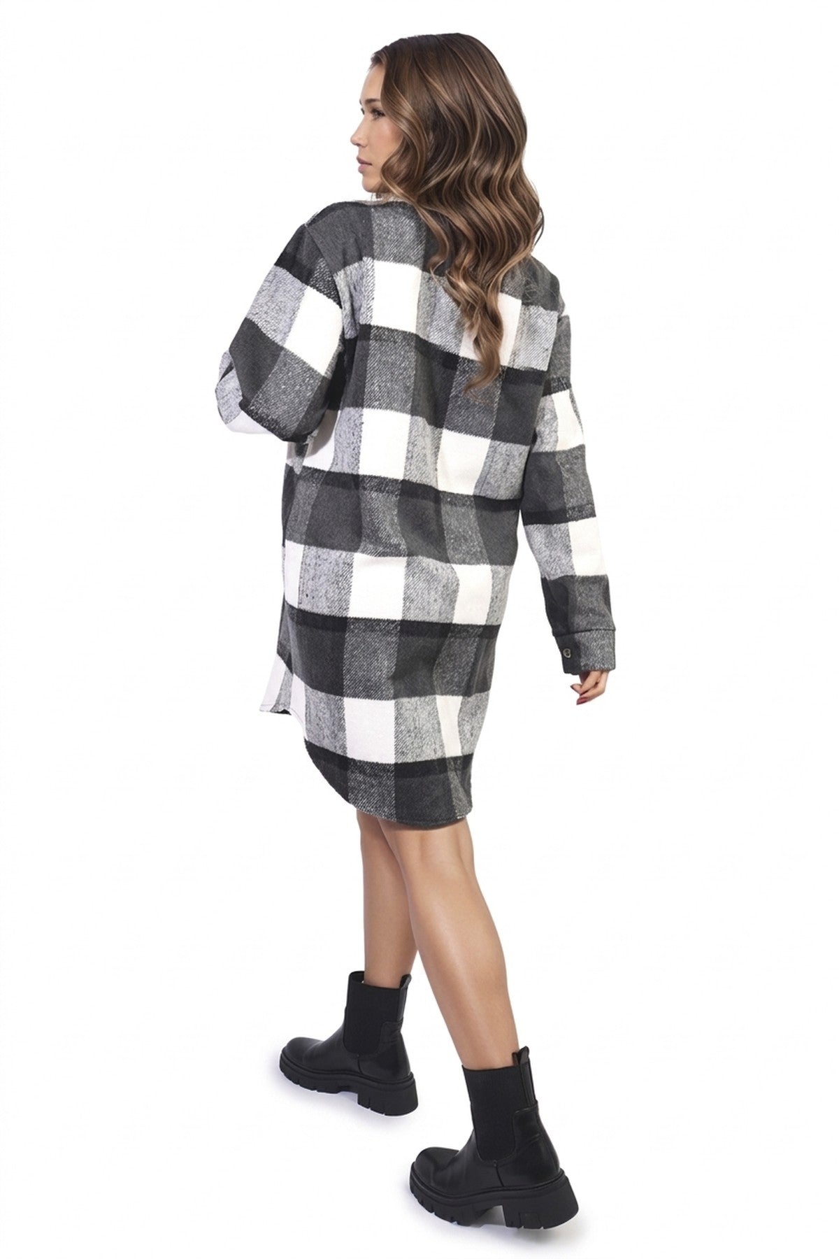 Luisa Plaid Print Long Sleeve Button Down Shacket - BLACK_wb