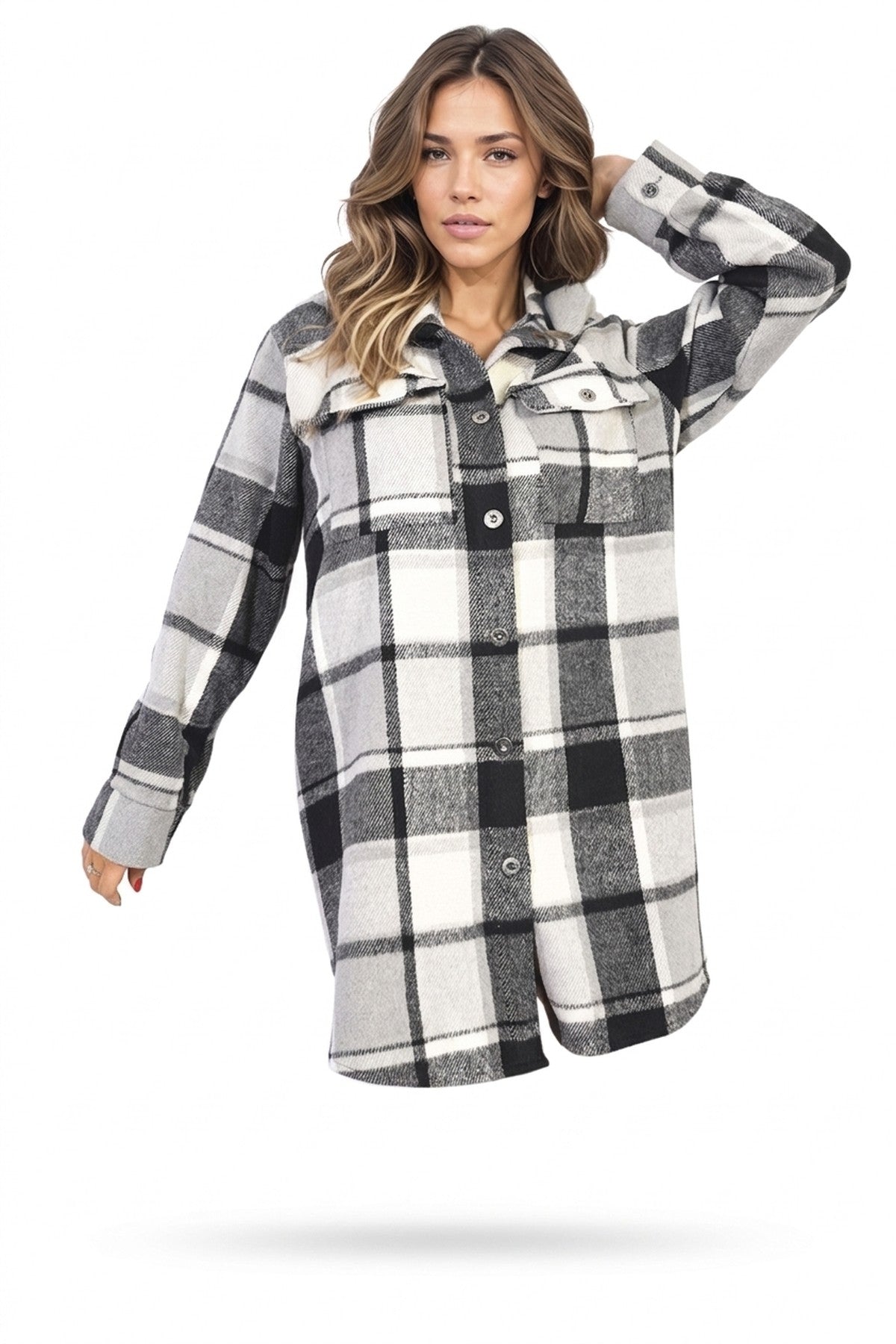 Luisa Plaid Print Long Sleeve Button Down Shacket - GREY_wb