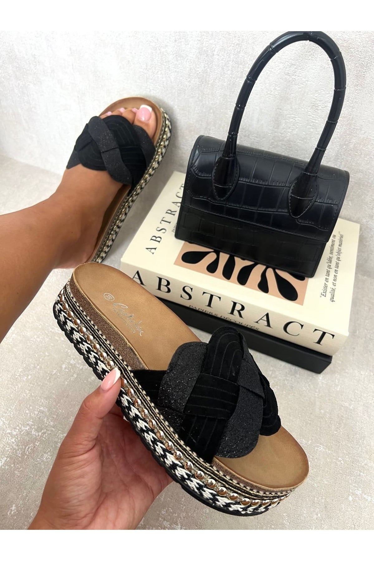 Luna Embellished Strap Braided Chunky Platform Sandals - Black