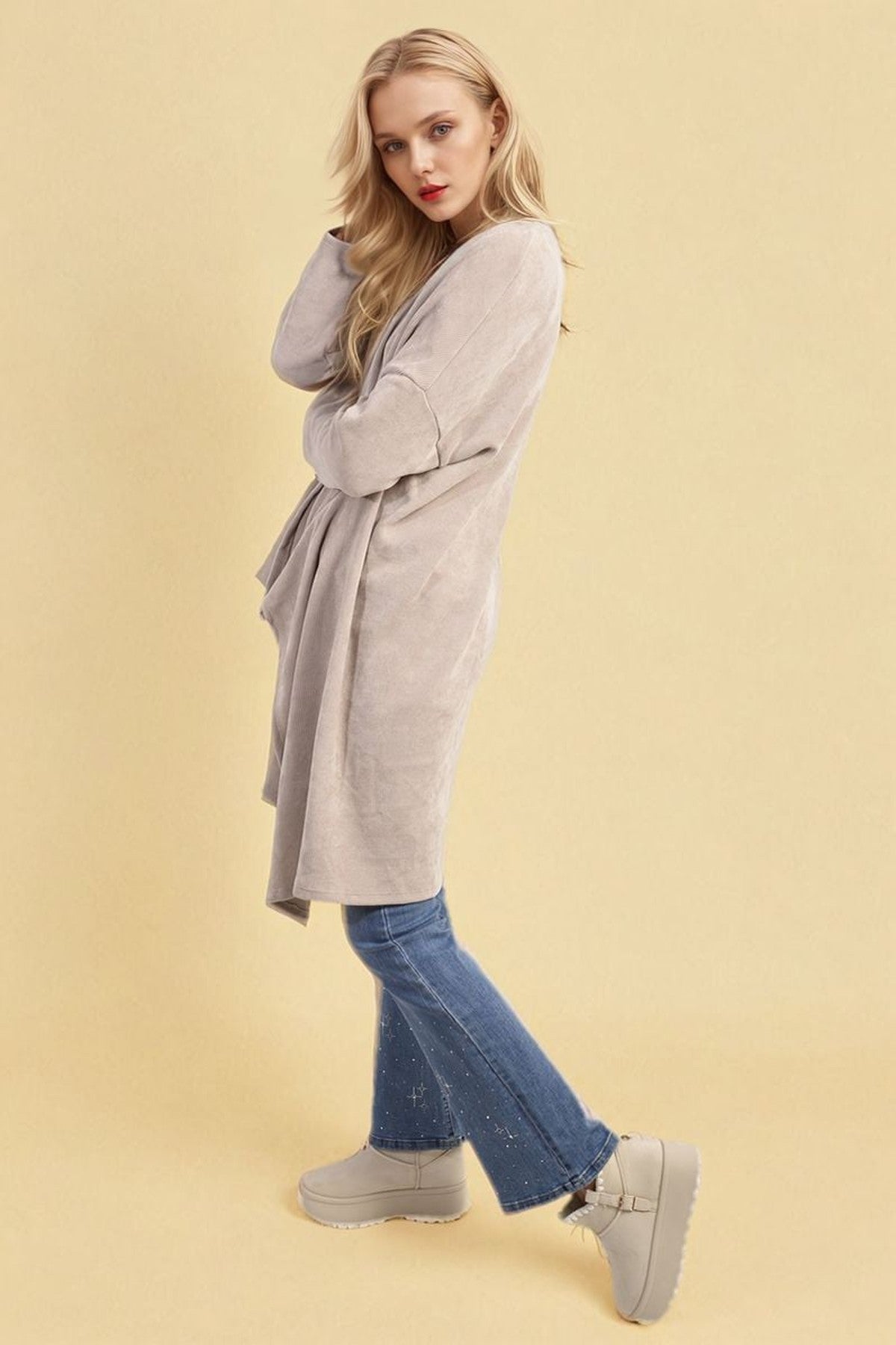 Lydia Open Front Long Back Knitted Cardigan - Beige