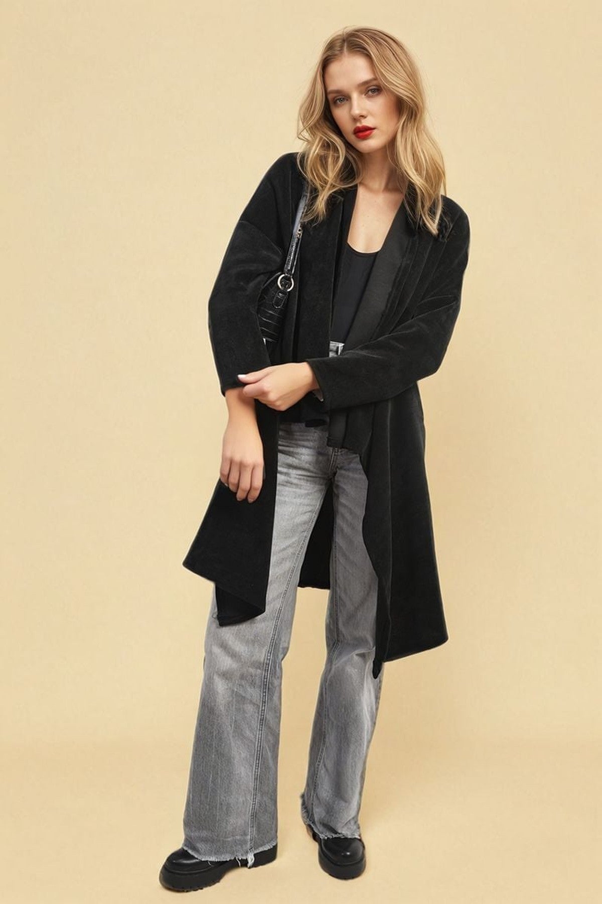 Lydia Open Front Long Back Knitted Cardigan - Black