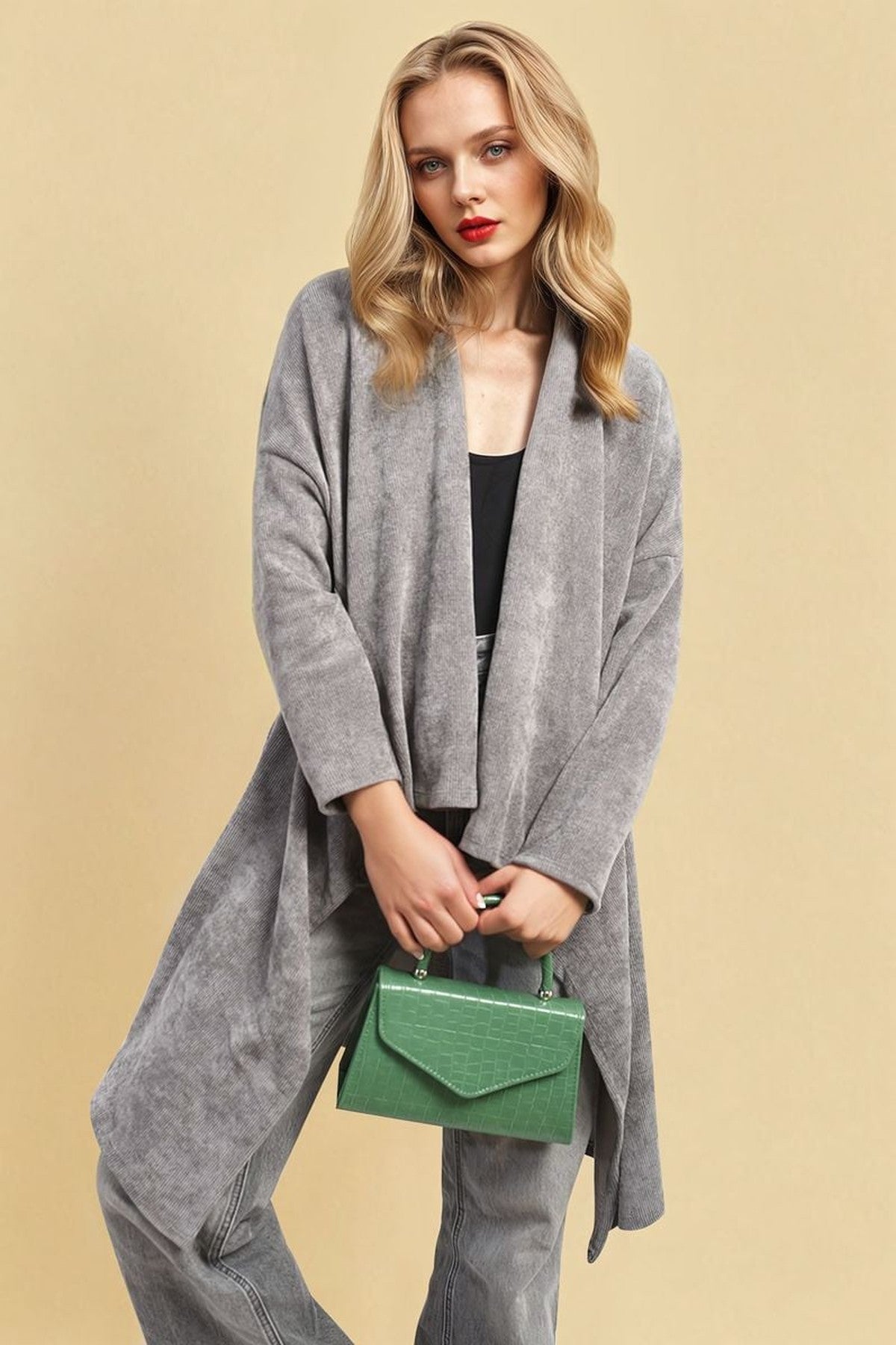 Lydia Open Front Long Back Knitted Cardigan - Grey