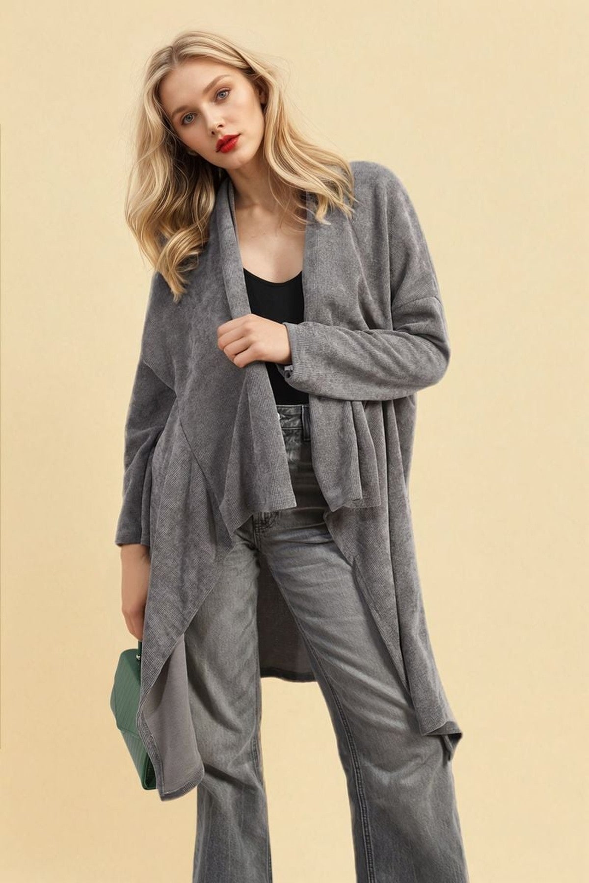 Lydia Open Front Long Back Knitted Cardigan - Grey