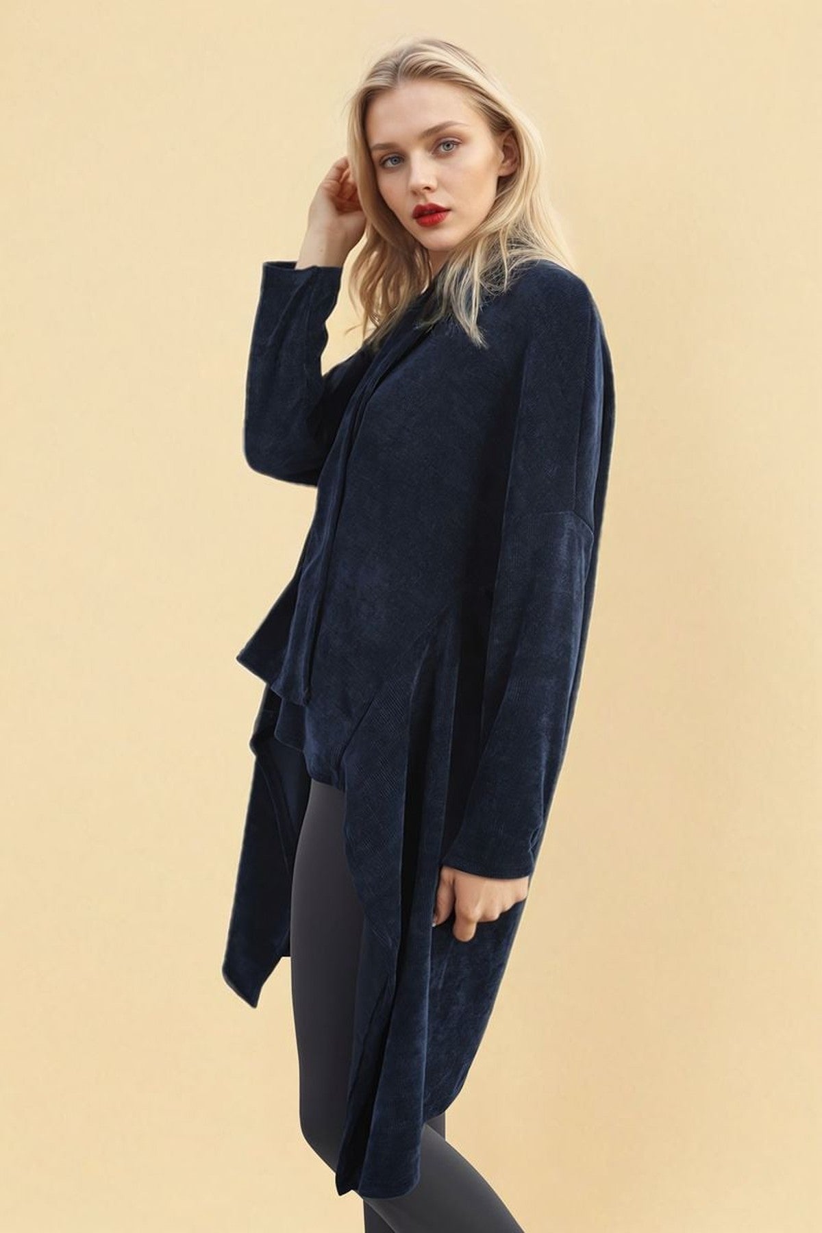 Lydia Open Front Long Back Knitted Cardigan - Navy