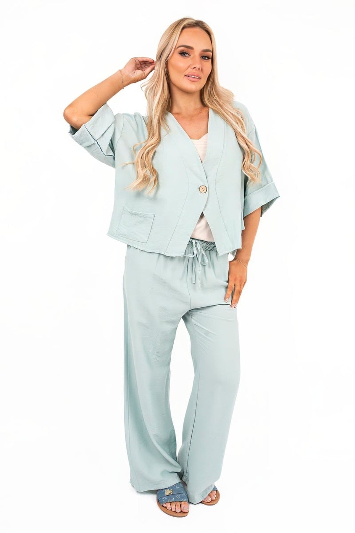 Lyssa Button Front Wide Sleeve Top And Trouser Co-ord Set - Mint