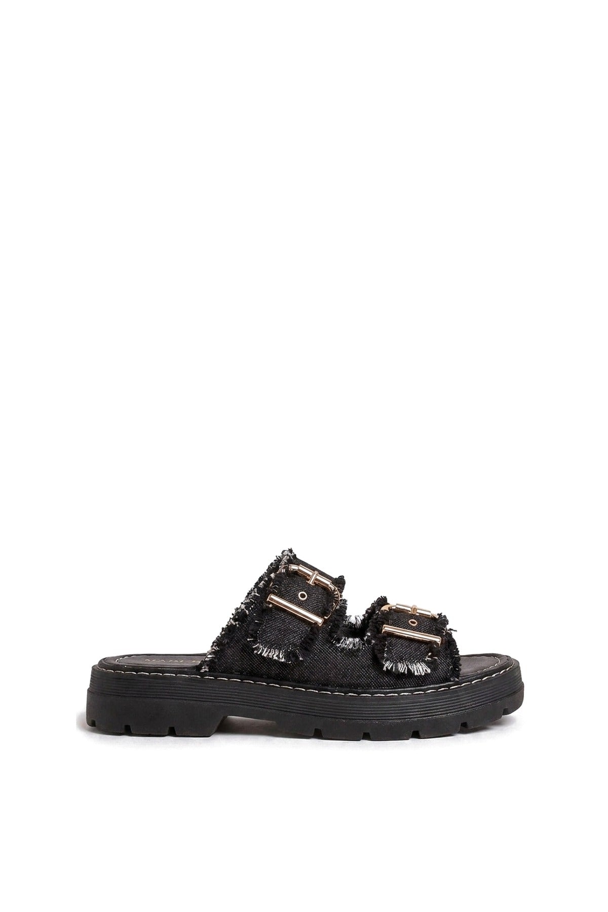 Madelina Double Buckle Denim Platform Sandals - Black