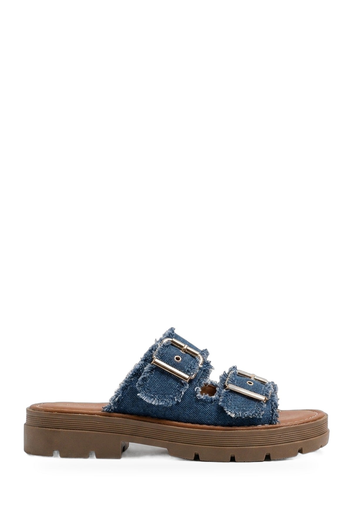 Madelina Double Buckle Denim Platform Sandals - D.blue