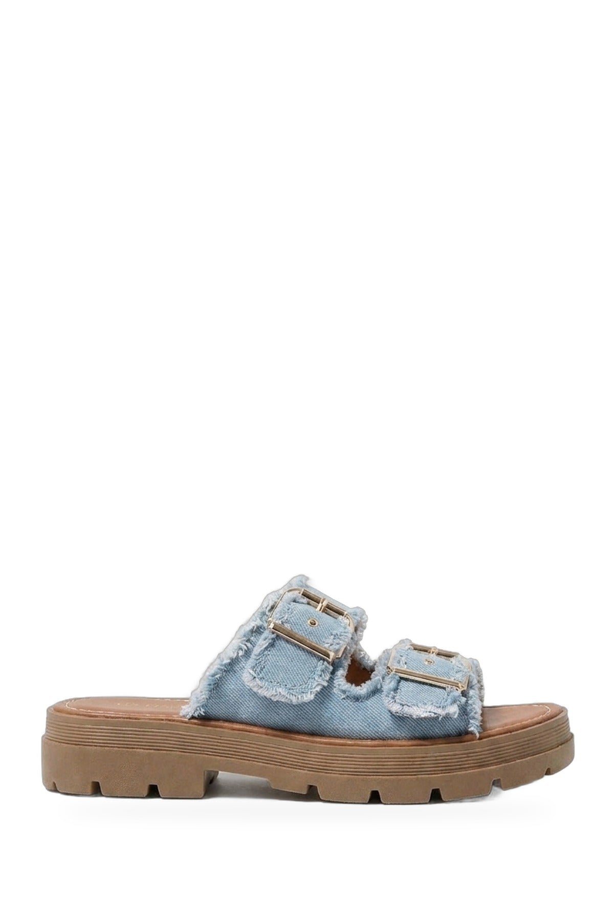 Madelina Double Buckle Denim Platform Sandals - Light Blue