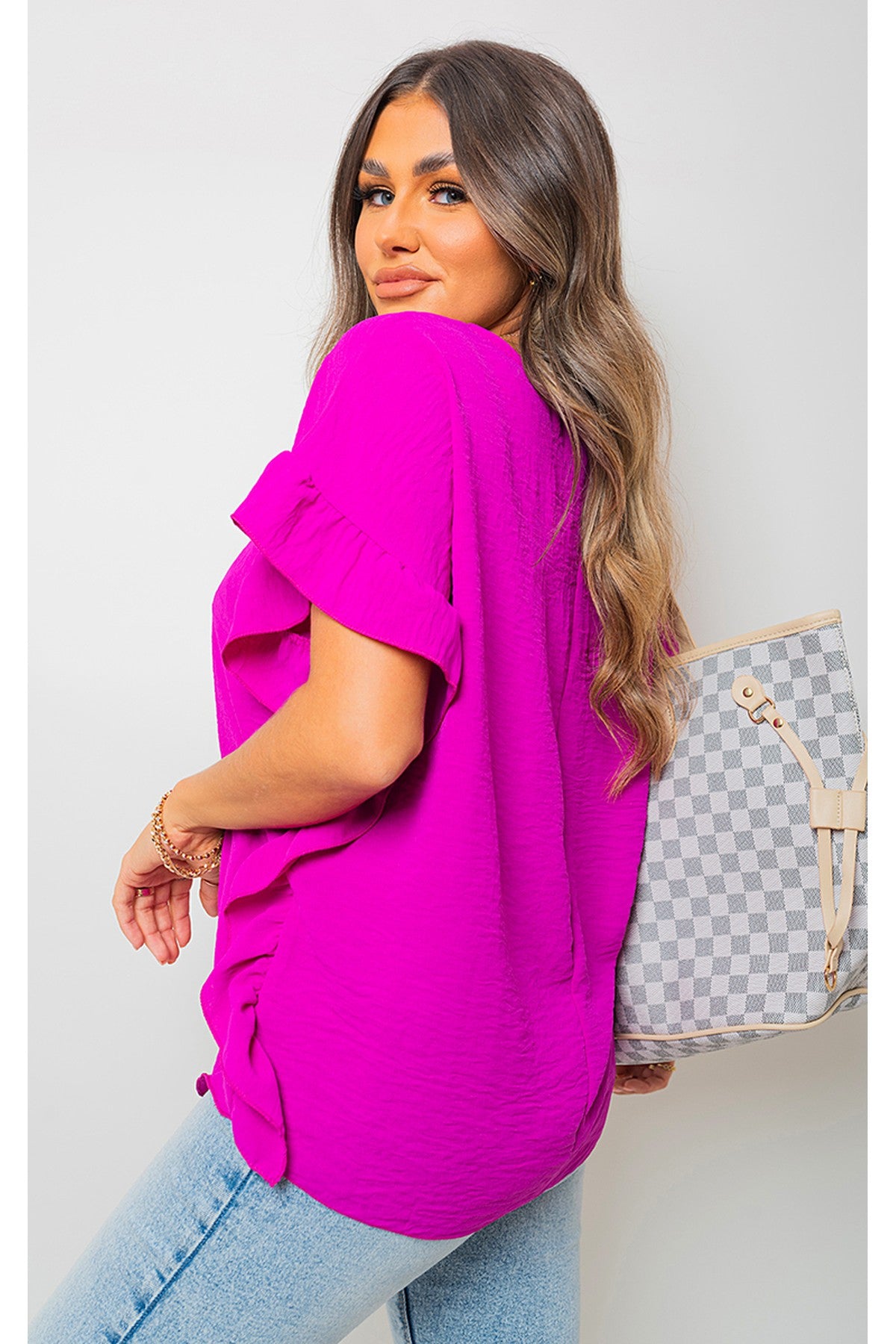 Vienna Frill Sleeve Top With Chain - Magenta