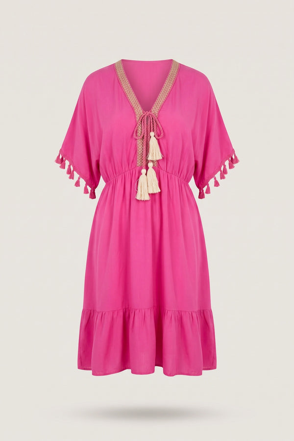 Maja V-neck Short Sleeve Midi Dress With Tassel Detail - Pink