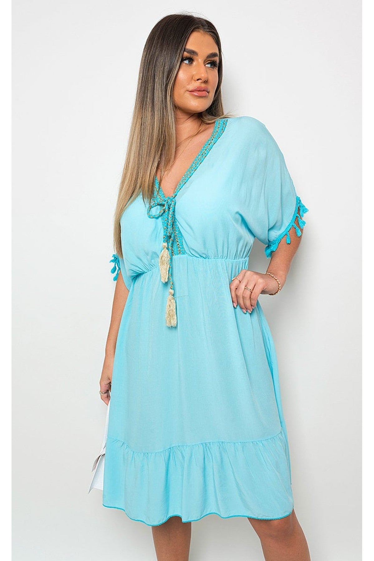 Maja V-Neck Short Sleeve Midi Dress With Tassel Detail - Aqua