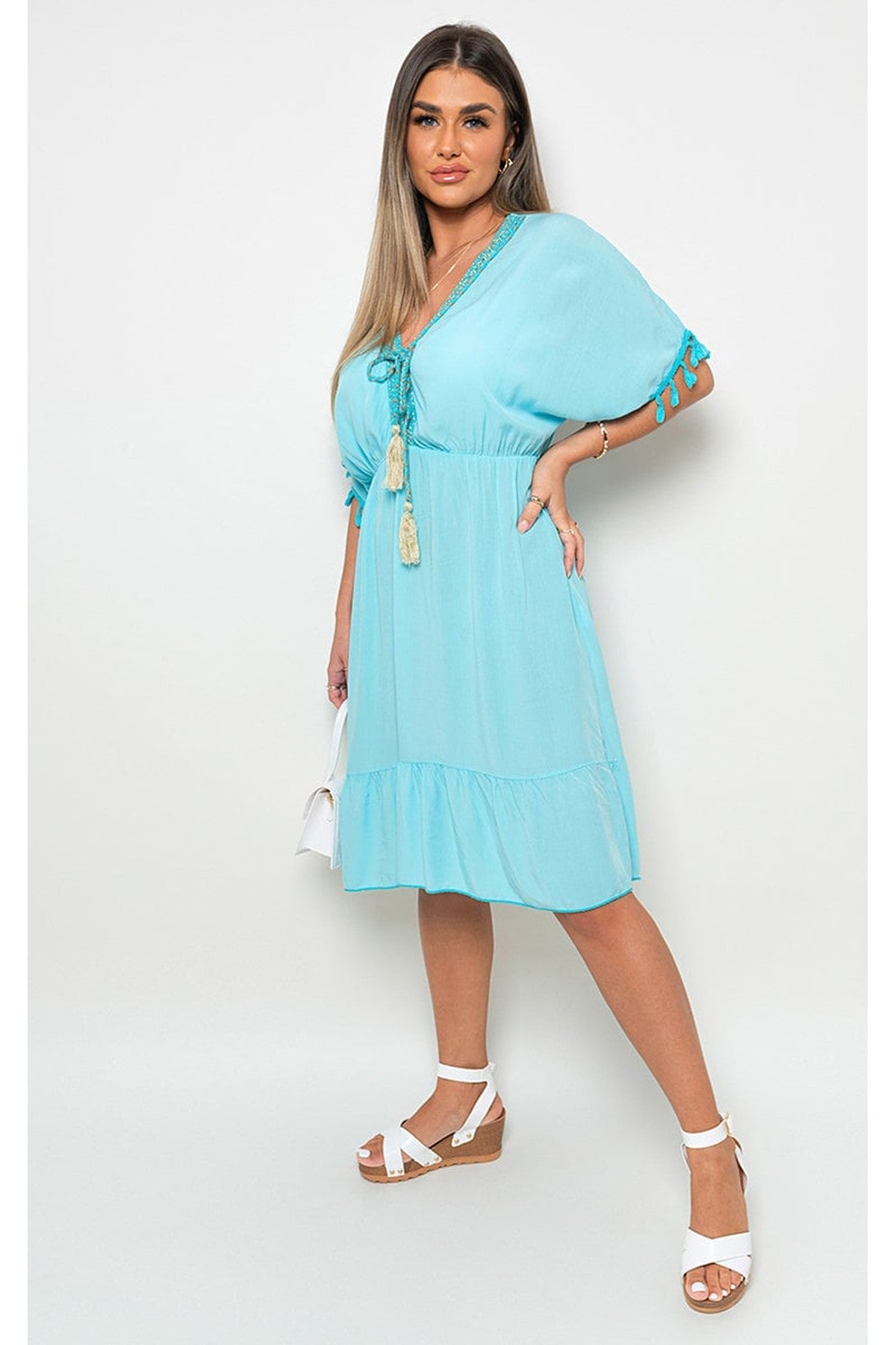 Maja V-Neck Short Sleeve Midi Dress With Tassel Detail - Aqua