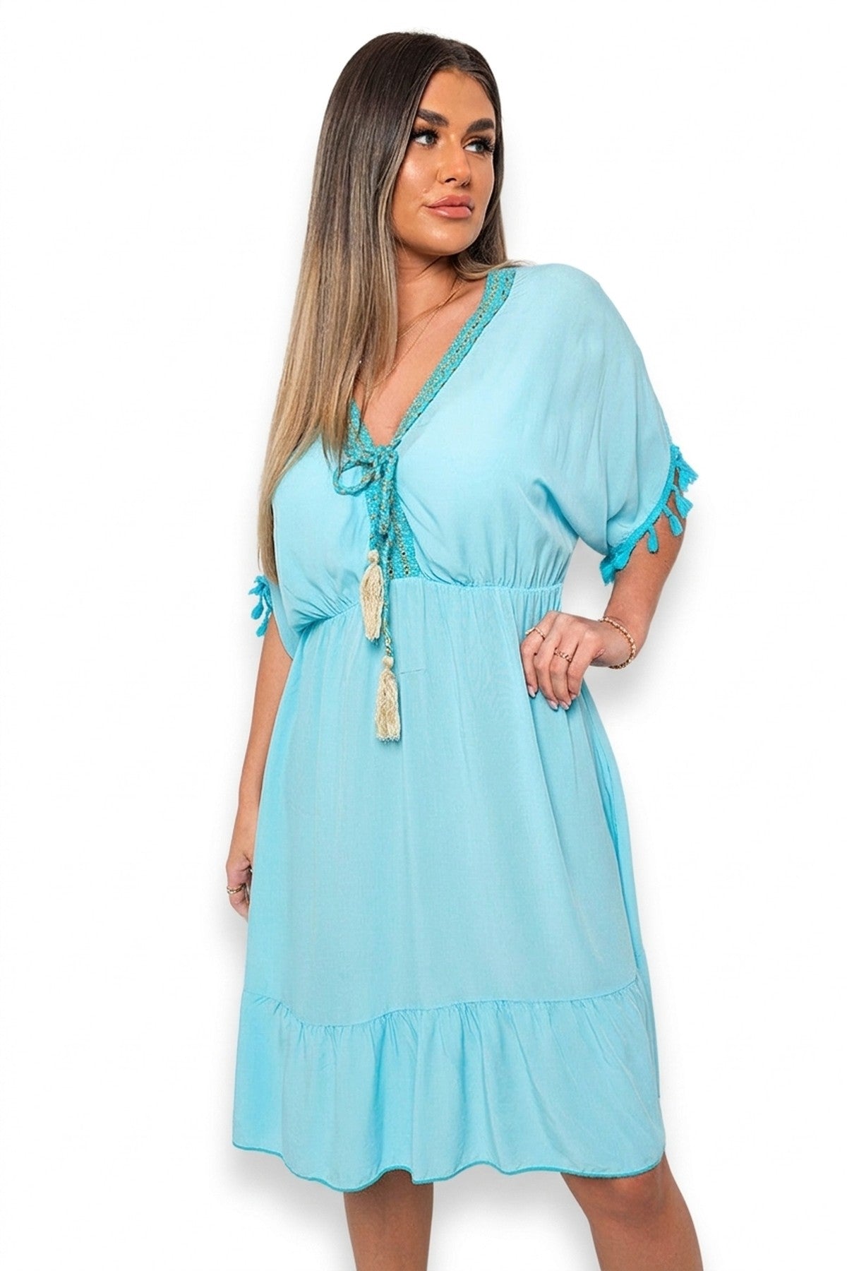 Maja V-neck Short Sleeve Midi Dress With Tassel Detail - Aqua_wb