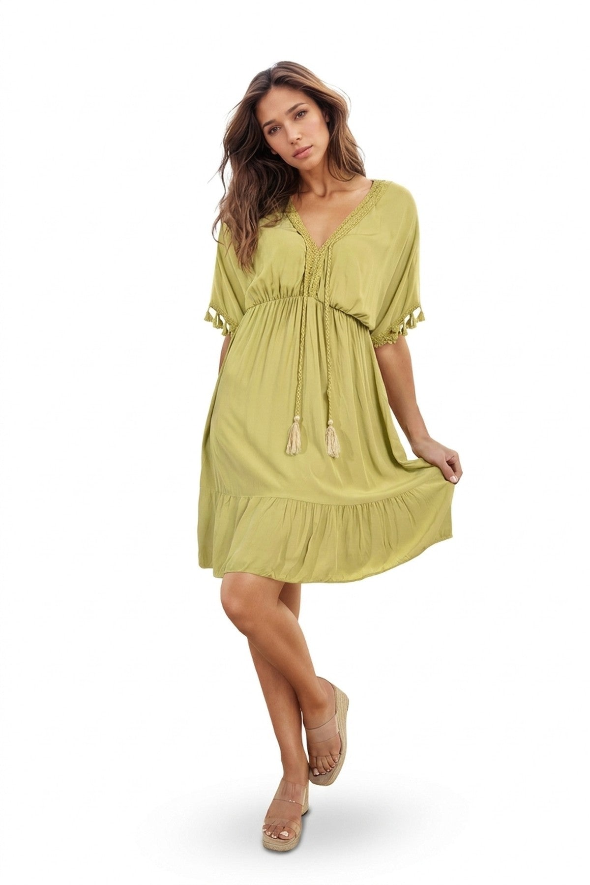Maja V-neck Short Sleeve Midi Dress With Tassel Detail - Avocado_wb
