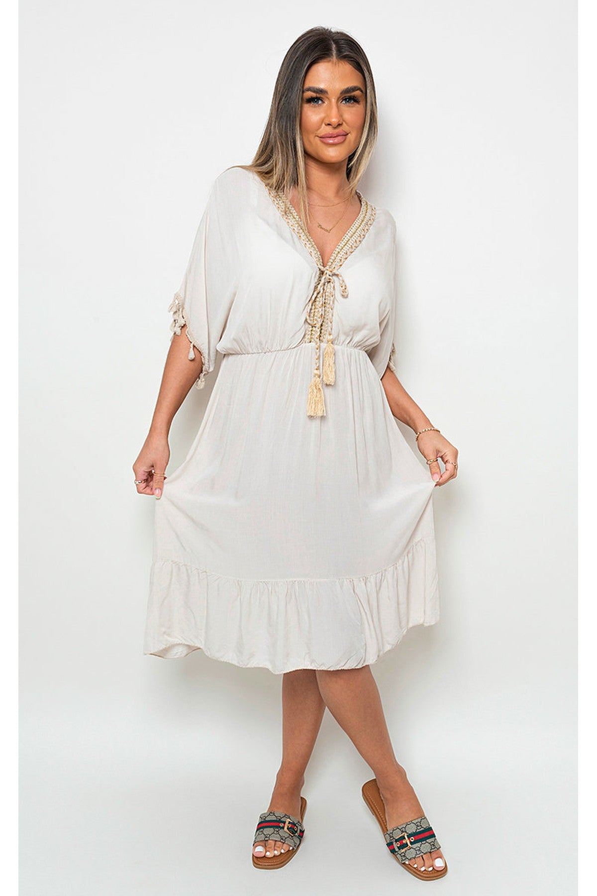 Maja V-Neck Short Sleeve Midi Dress With Tassel Detail - Beige