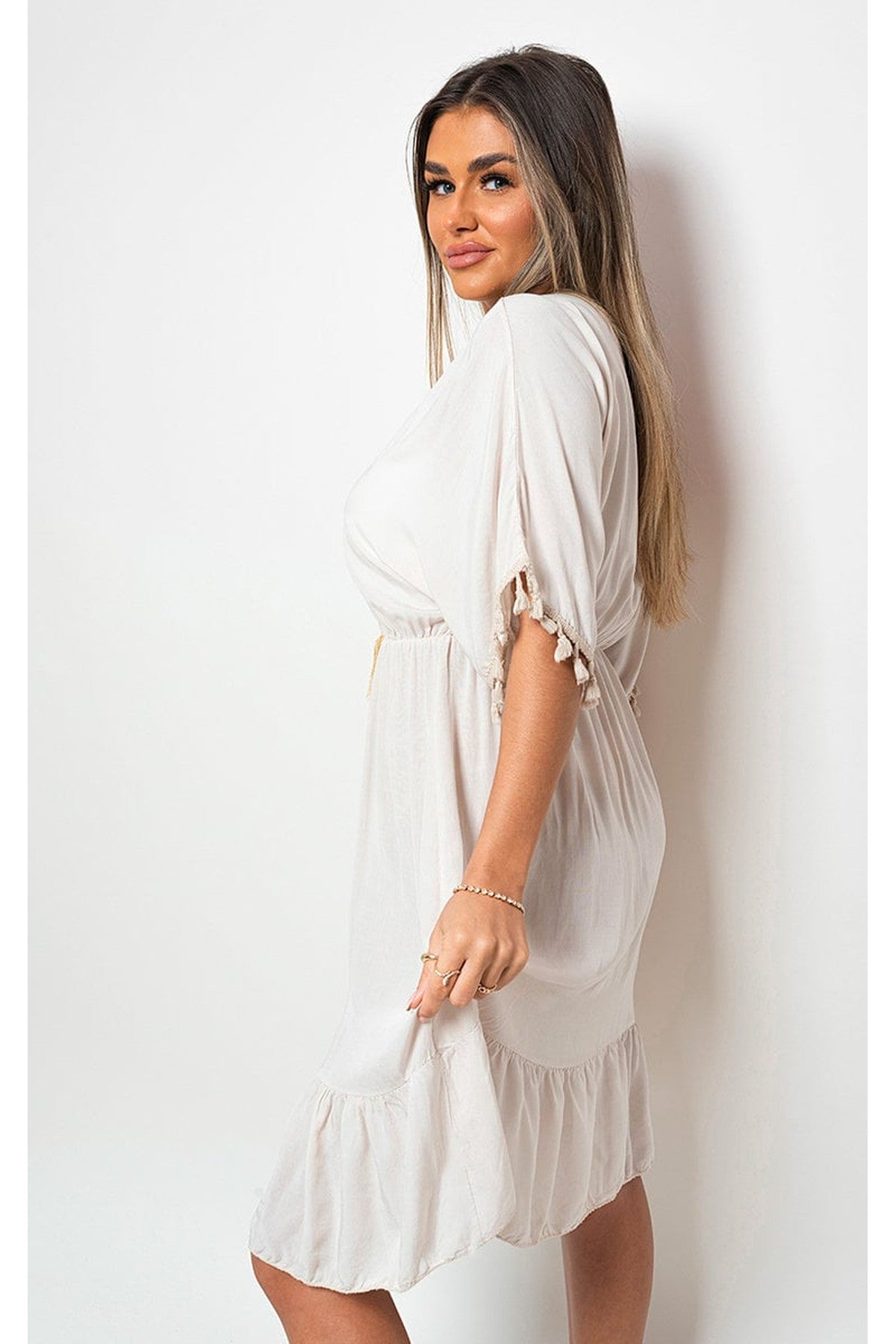 Maja V-Neck Short Sleeve Midi Dress With Tassel Detail - Beige