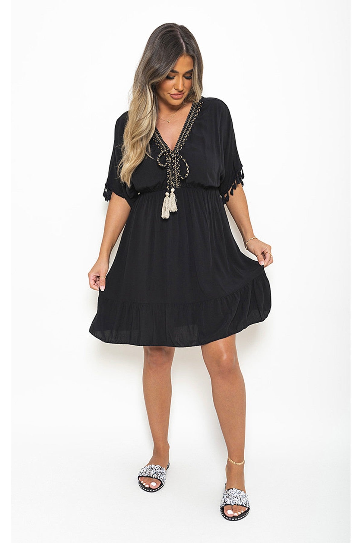 Maja V-Neck Short Sleeve Midi Dress With Tassel Detail - Black