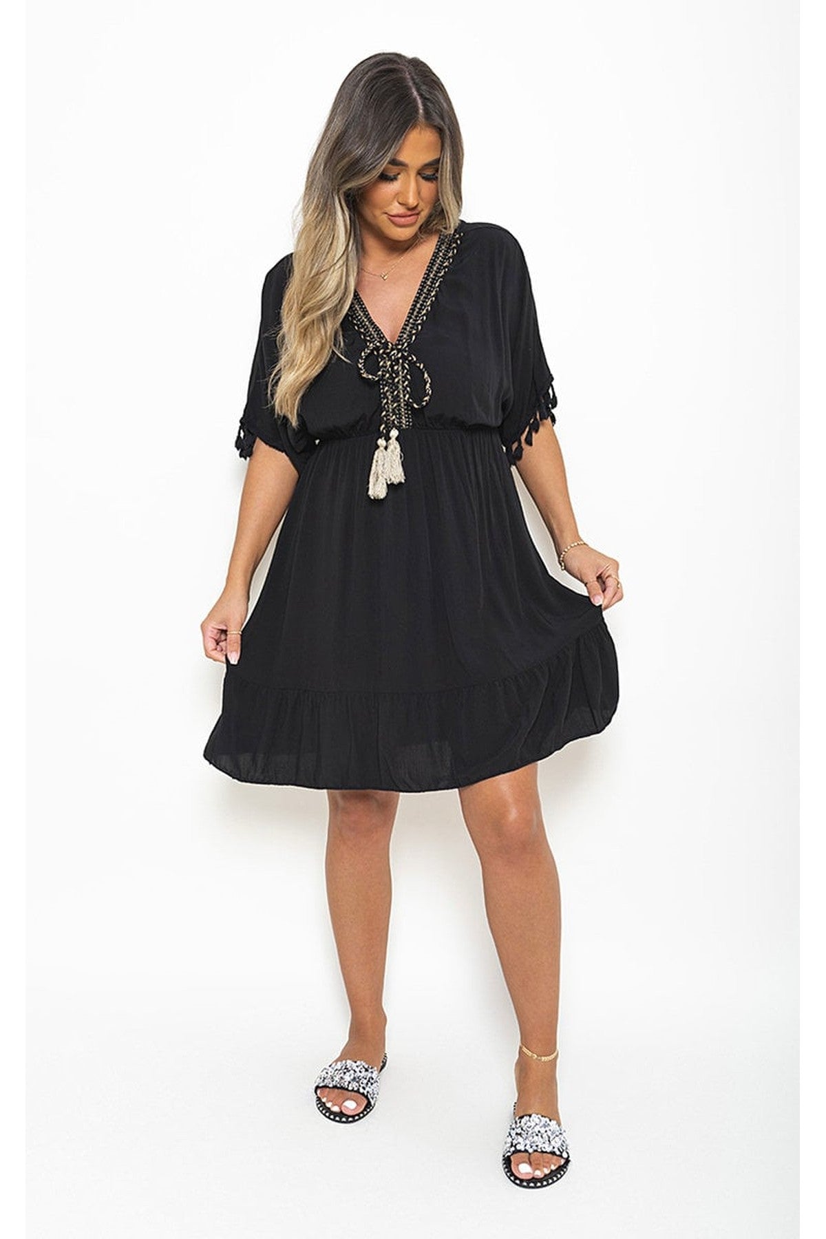Maja V-Neck Short Sleeve Midi Dress With Tassel Detail - Black