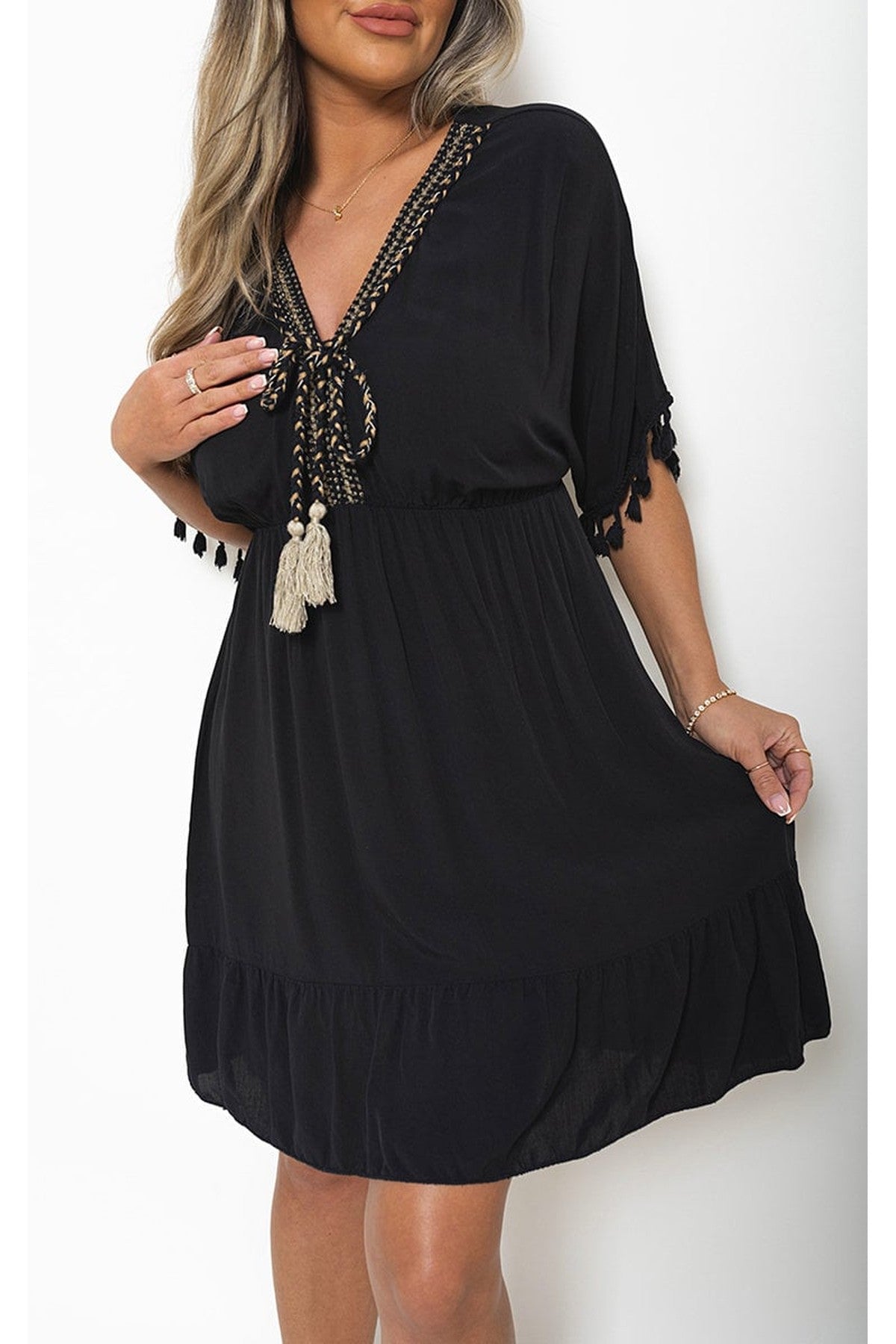 Maja V-Neck Short Sleeve Midi Dress With Tassel Detail - Black
