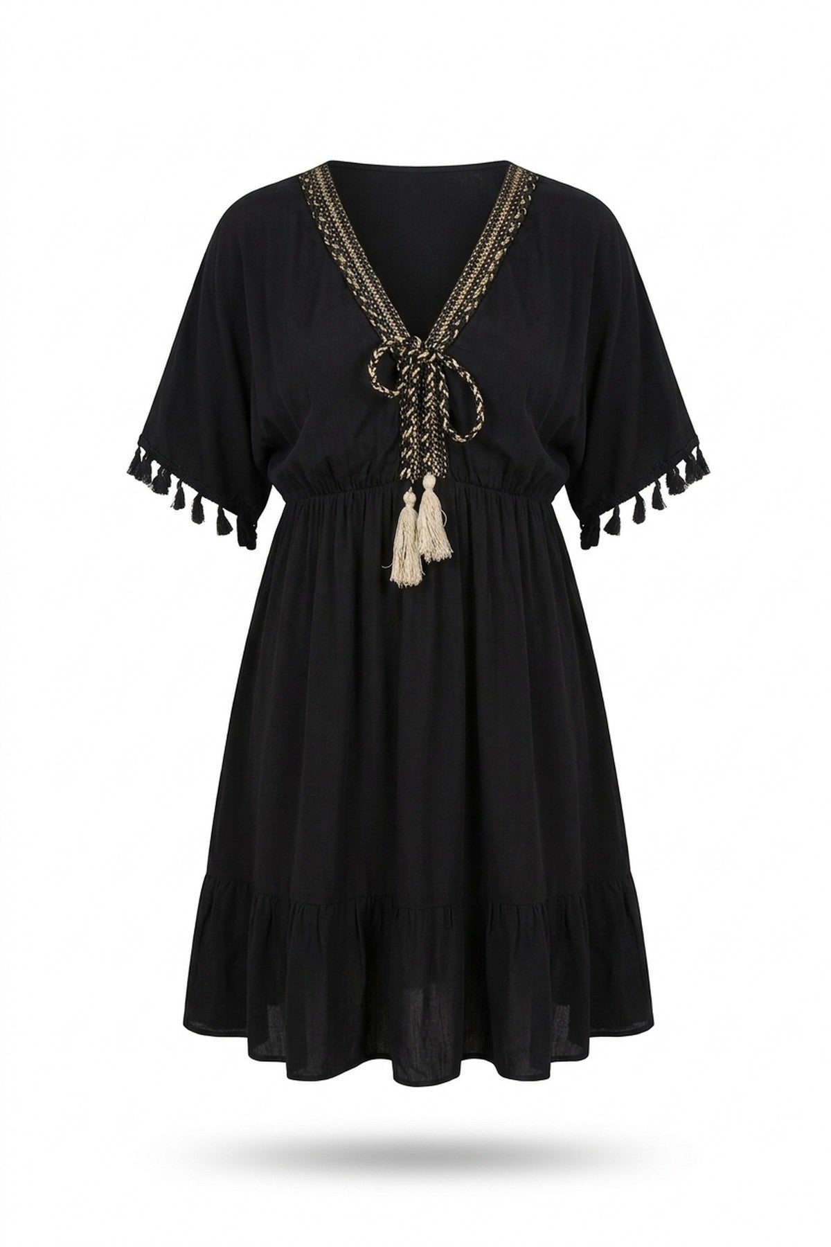 Maja V-neck Short Sleeve Midi Dress With Tassel Detail - Black_wb