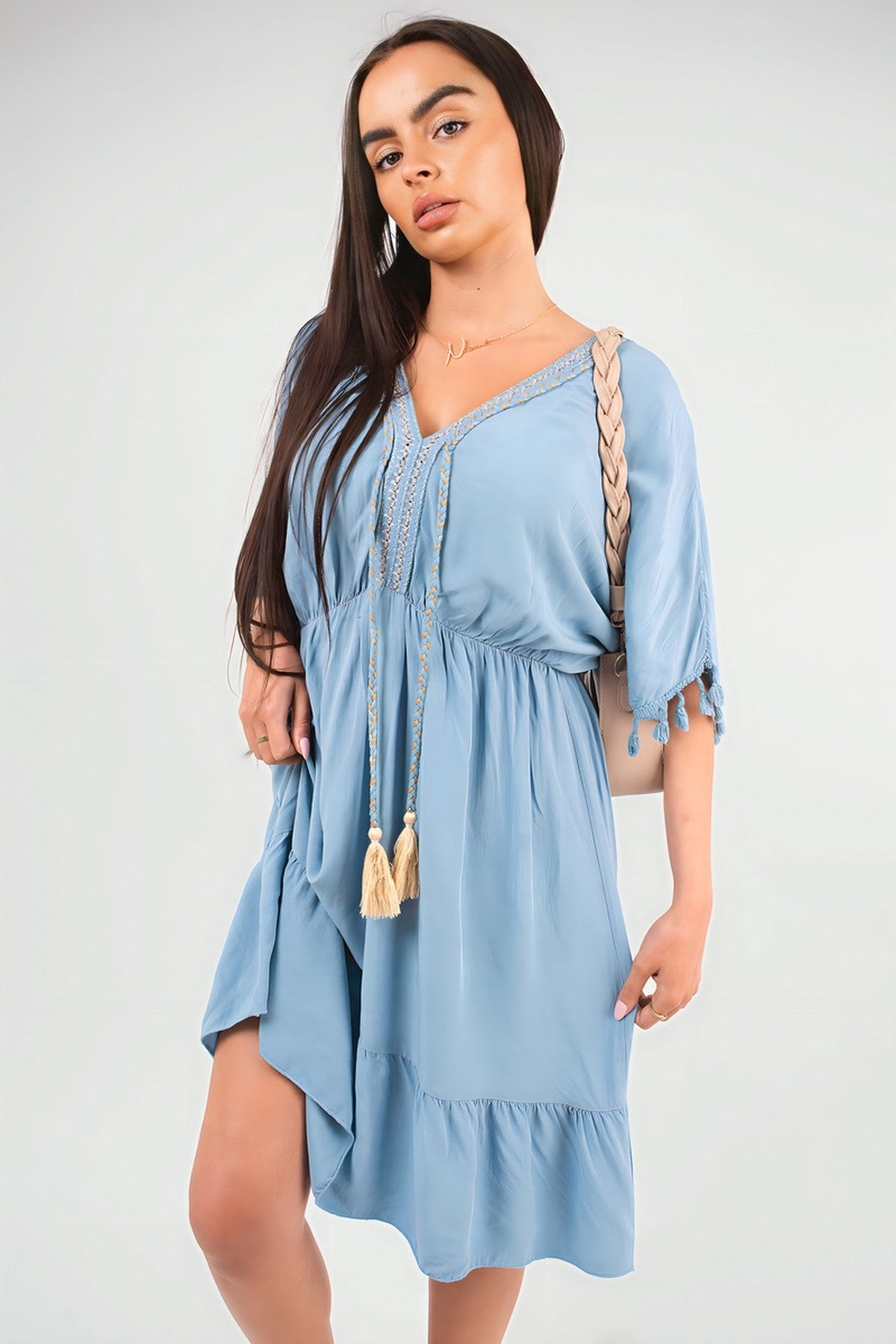 Maja V-Neck Short Sleeve Midi Dress With Tassel Detail - Denim