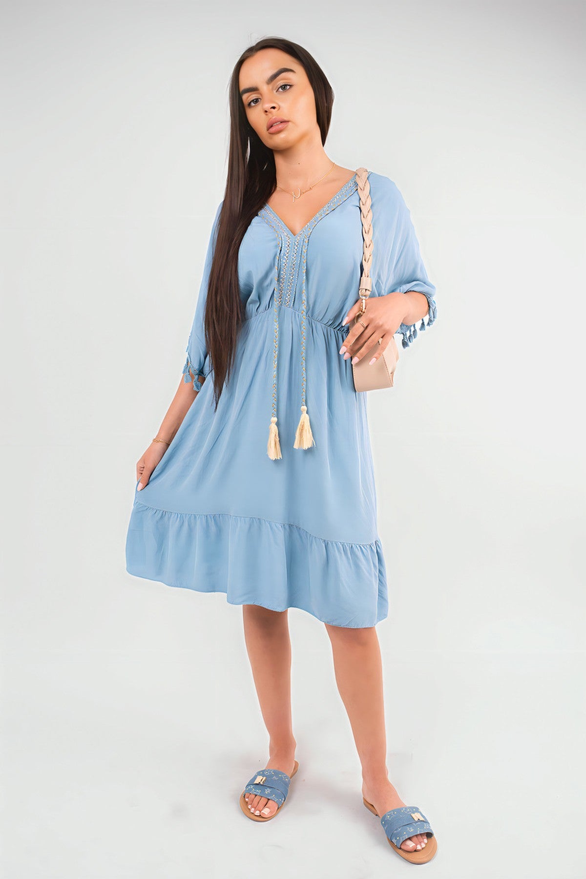 Maja V-Neck Short Sleeve Midi Dress With Tassel Detail - Denim