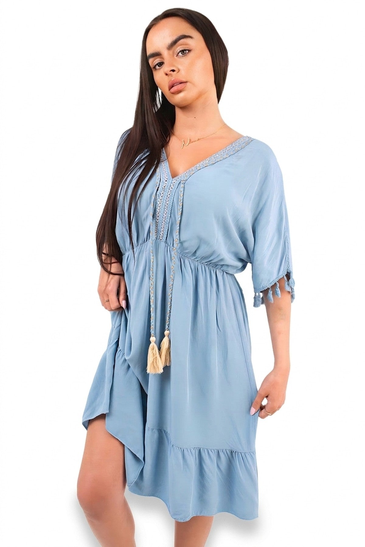 Maja V-neck Short Sleeve Midi Dress With Tassel Detail - Denim_wb