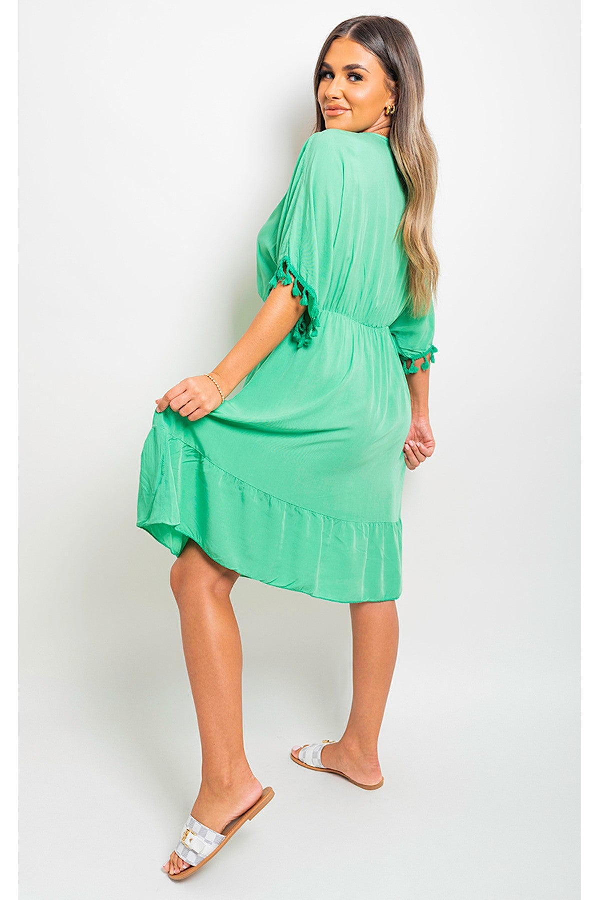 Maja V-Neck Short Sleeve Midi Dress With Tassel Detail - Green Guc