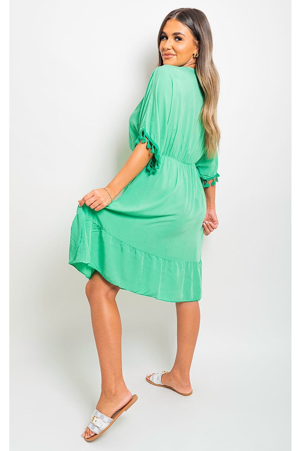 Maja V-Neck Short Sleeve Midi Dress With Tassel Detail - Green Guc