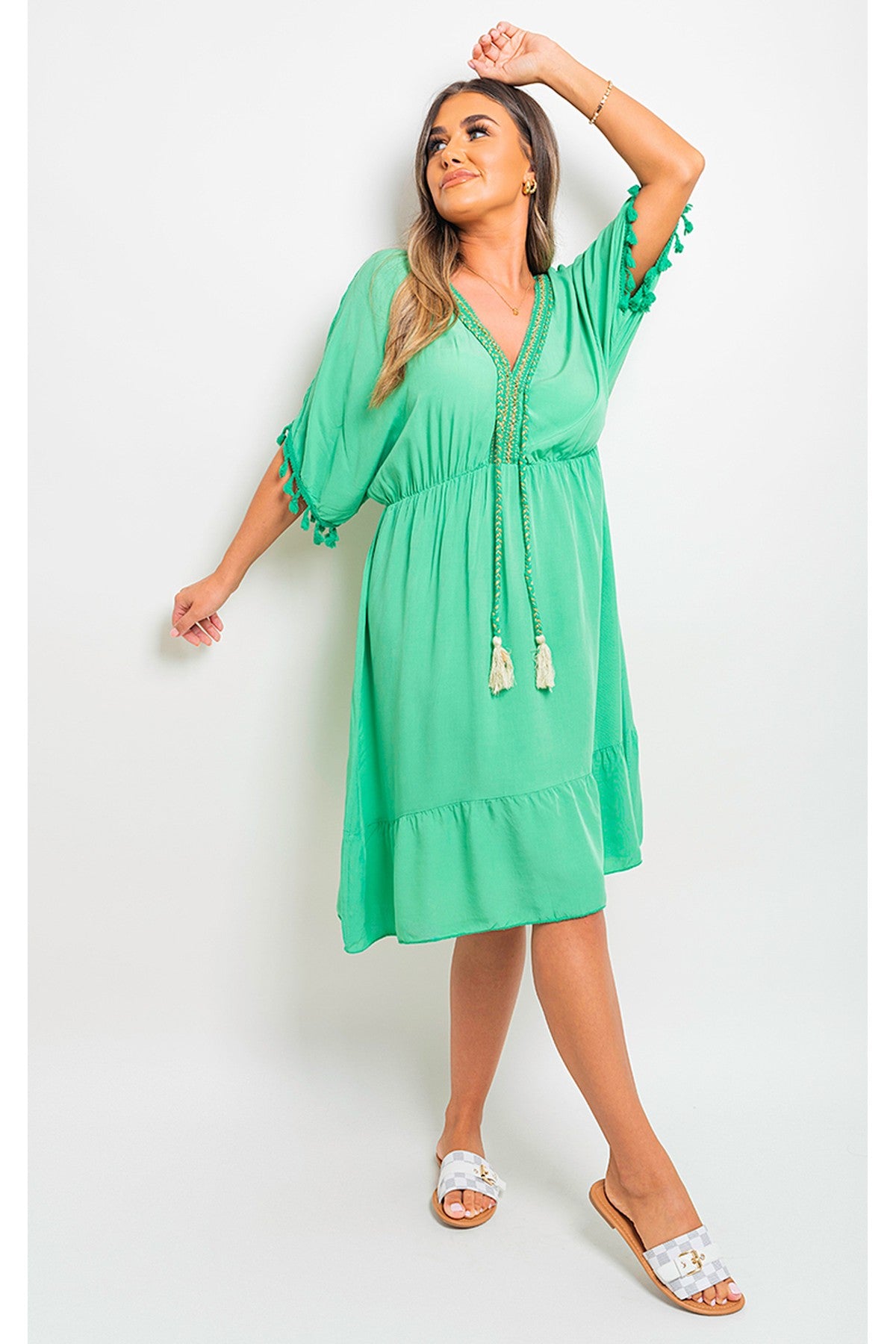 Maja V-Neck Short Sleeve Midi Dress With Tassel Detail - Green Guc