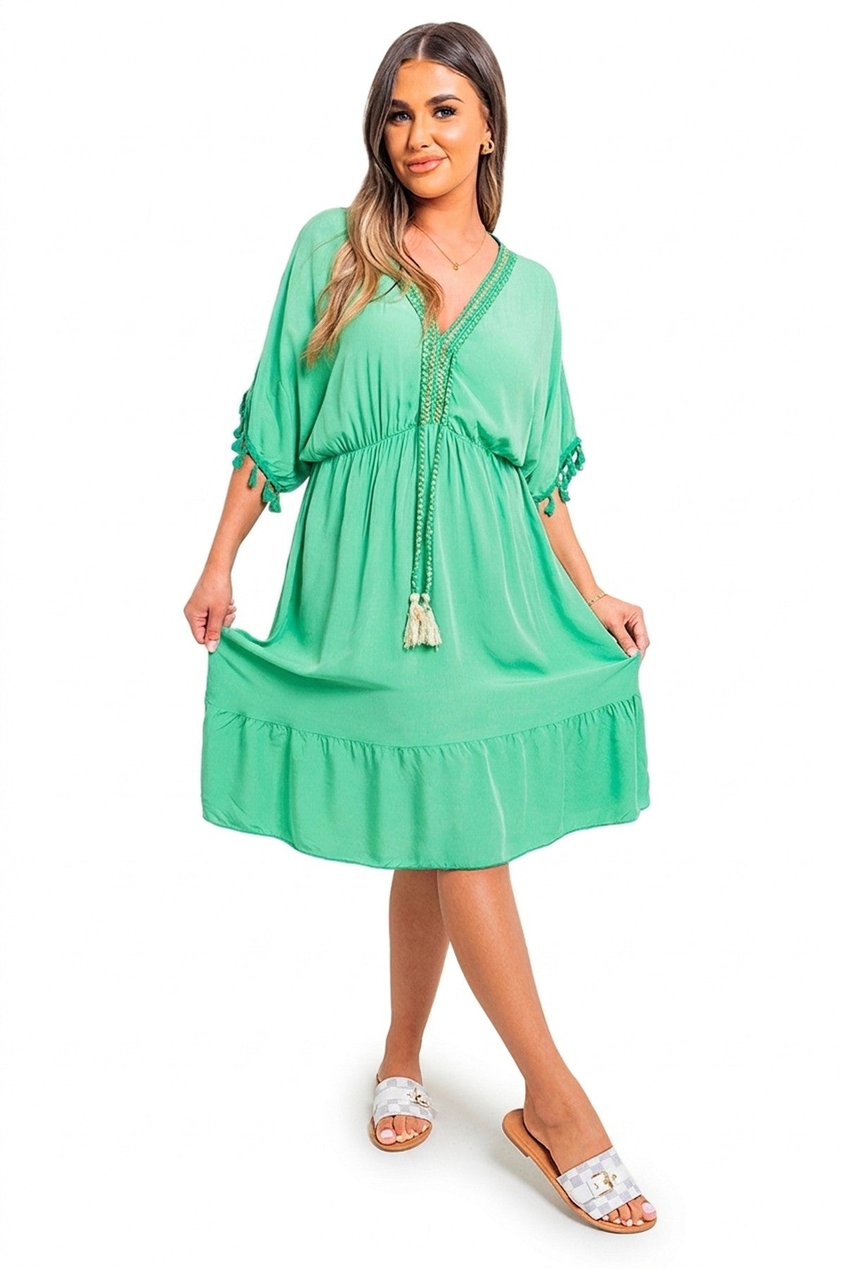 Maja V-neck Short Sleeve Midi Dress With Tassel Detail - Green_wb