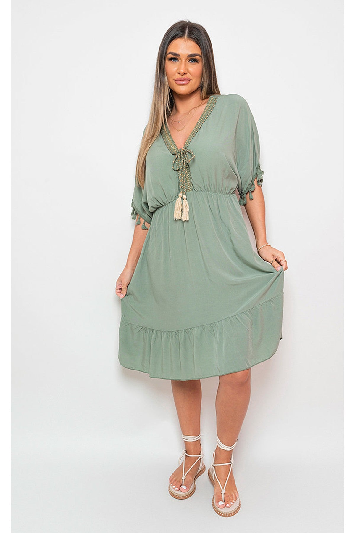 Maja V-Neck Short Sleeve Midi Dress With Tassel Detail - Khaki