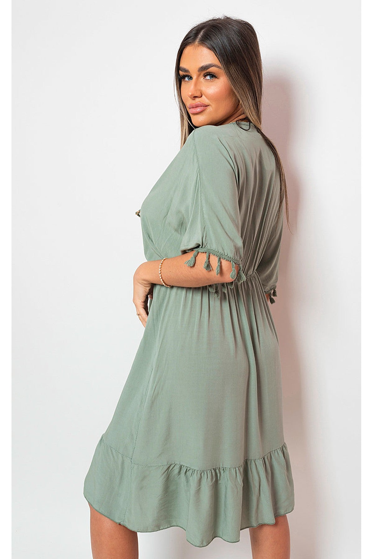 Maja V-Neck Short Sleeve Midi Dress With Tassel Detail - Khaki