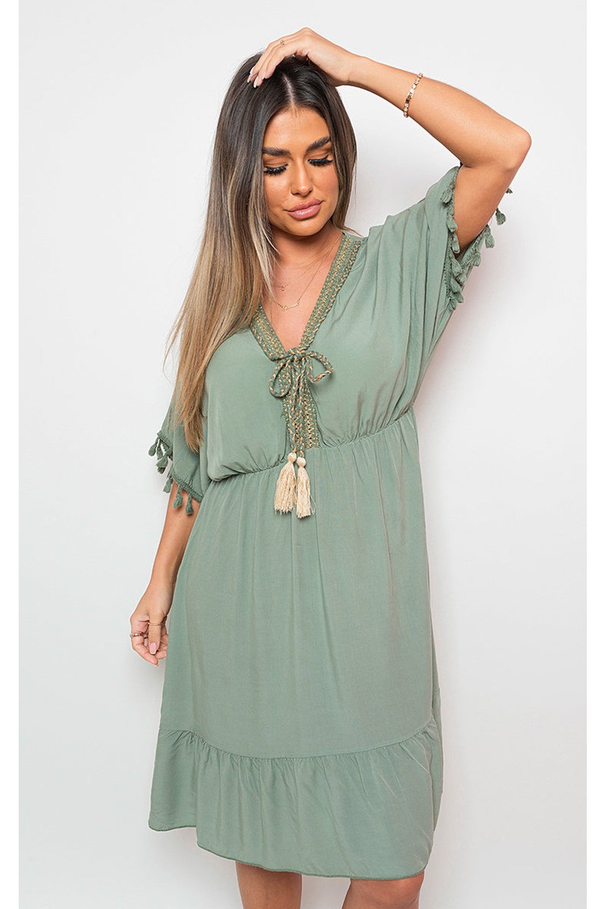 Maja V-Neck Short Sleeve Midi Dress With Tassel Detail - Khaki