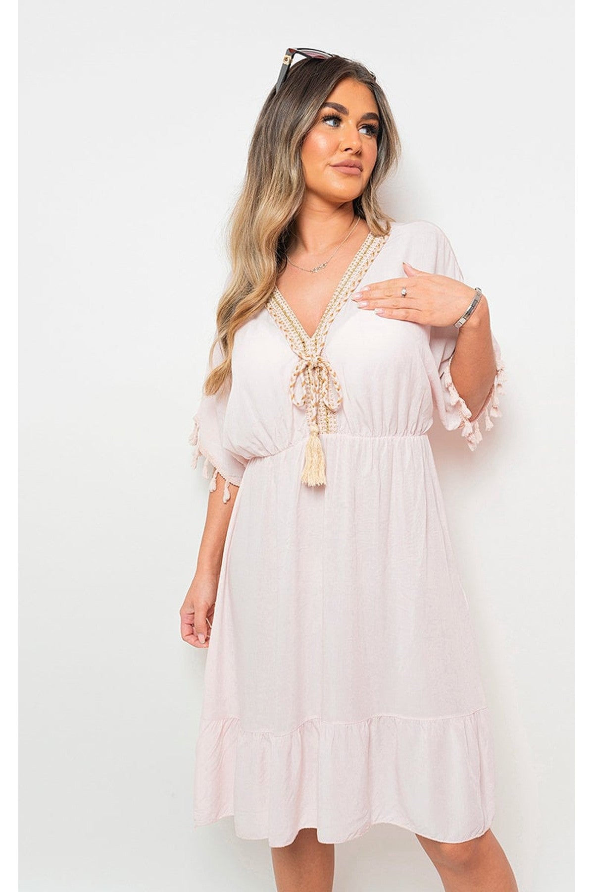 Maja V-Neck Short Sleeve Midi Dress With Tassel Detail - Light Pink