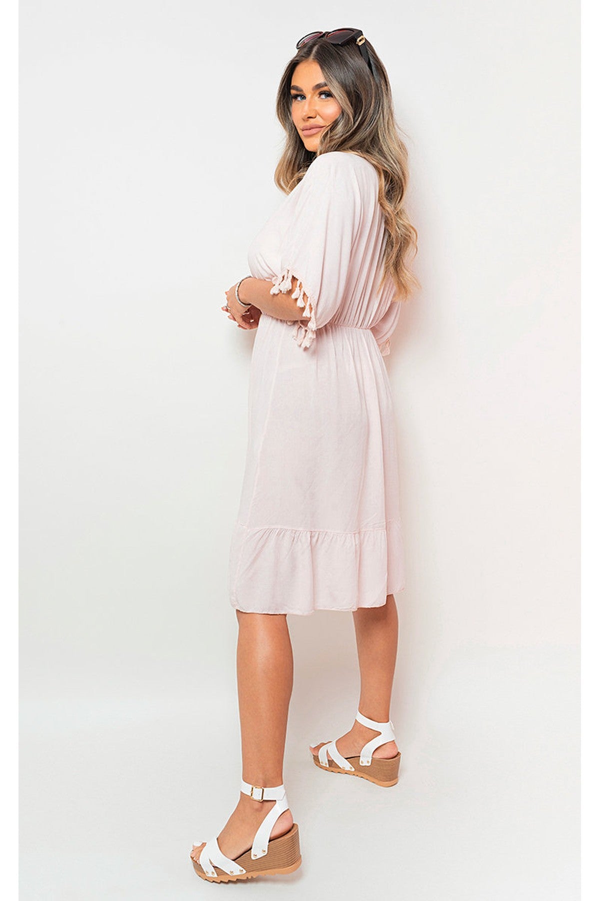 Maja V-Neck Short Sleeve Midi Dress With Tassel Detail - Light Pink