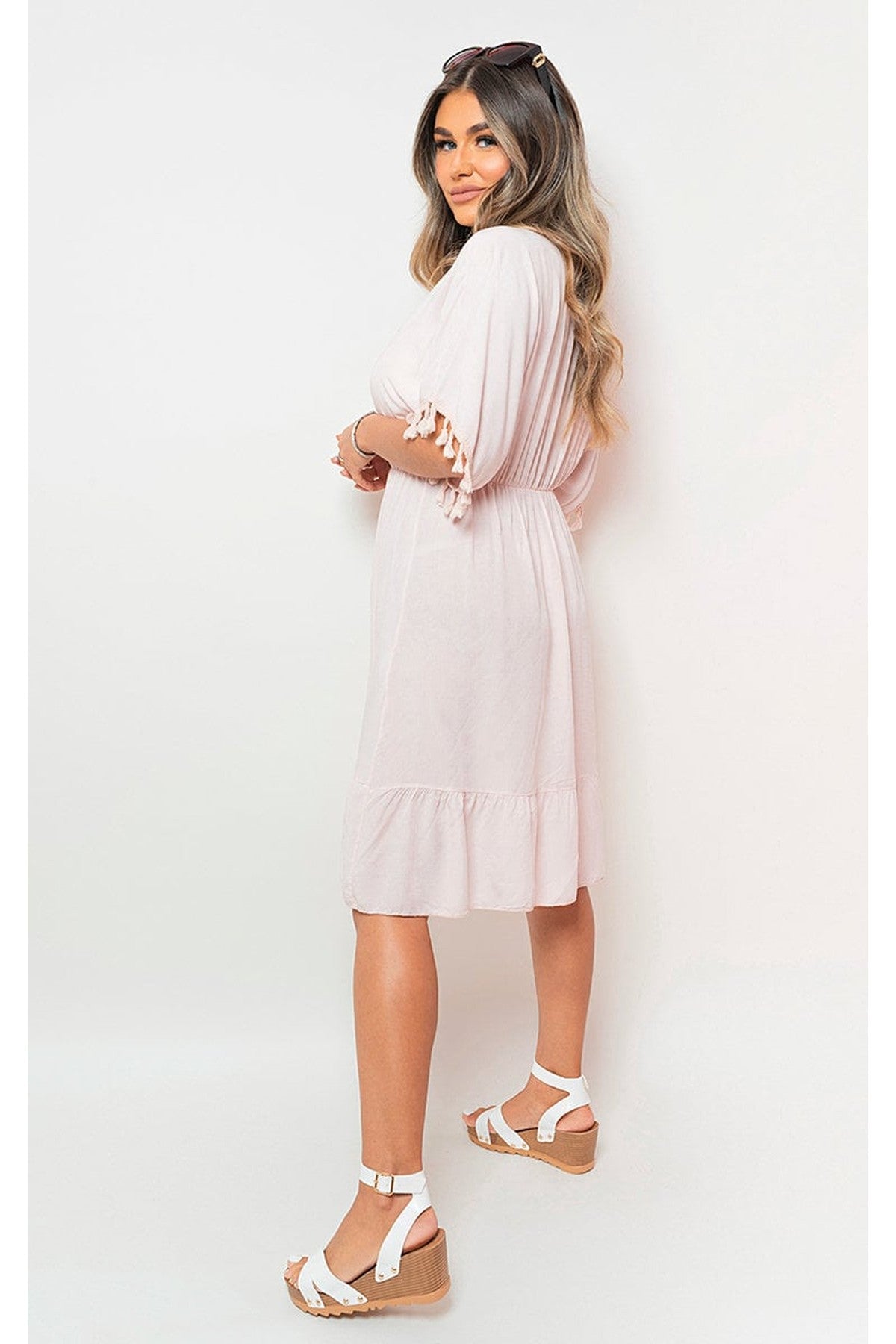 Maja V-Neck Short Sleeve Midi Dress With Tassel Detail - Light Pink