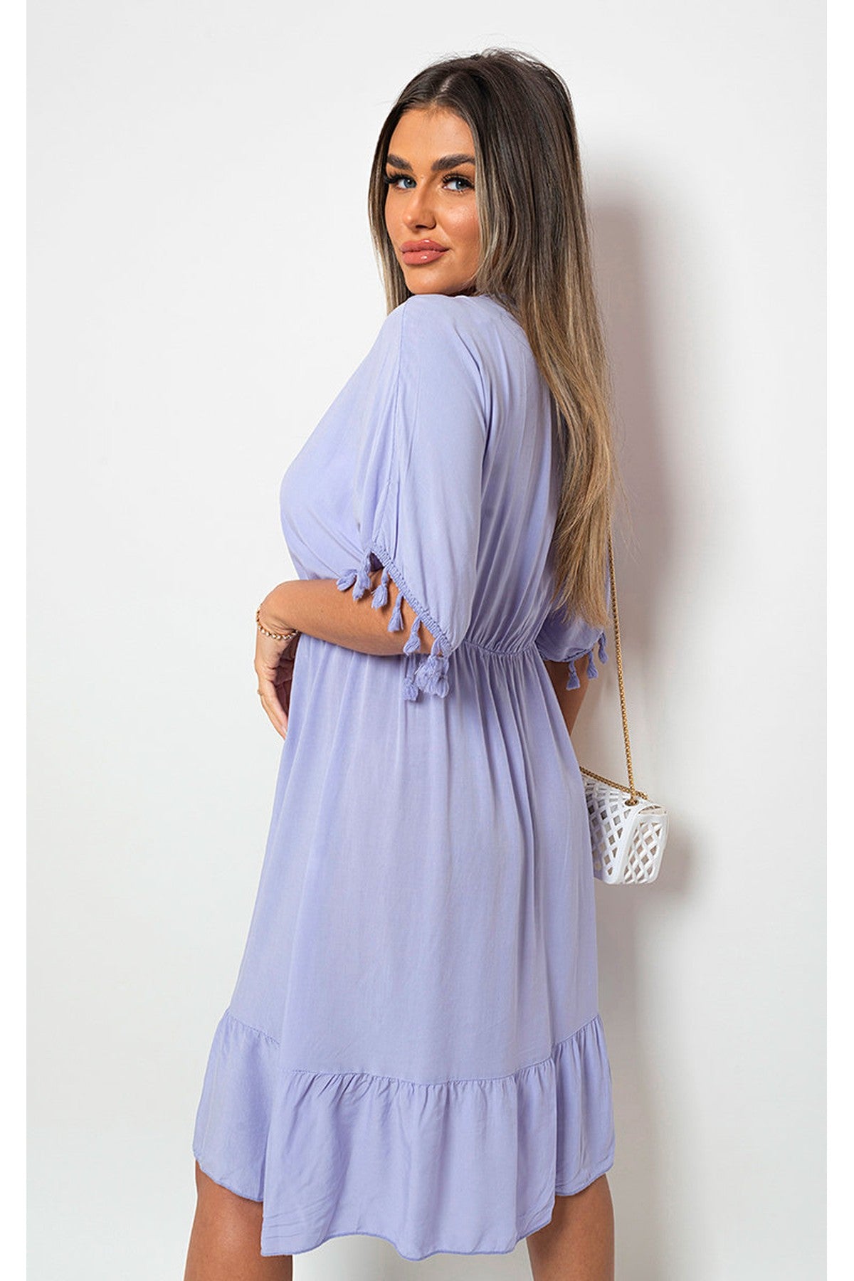 Maja V-Neck Short Sleeve Midi Dress With Tassel Detail - Lilac