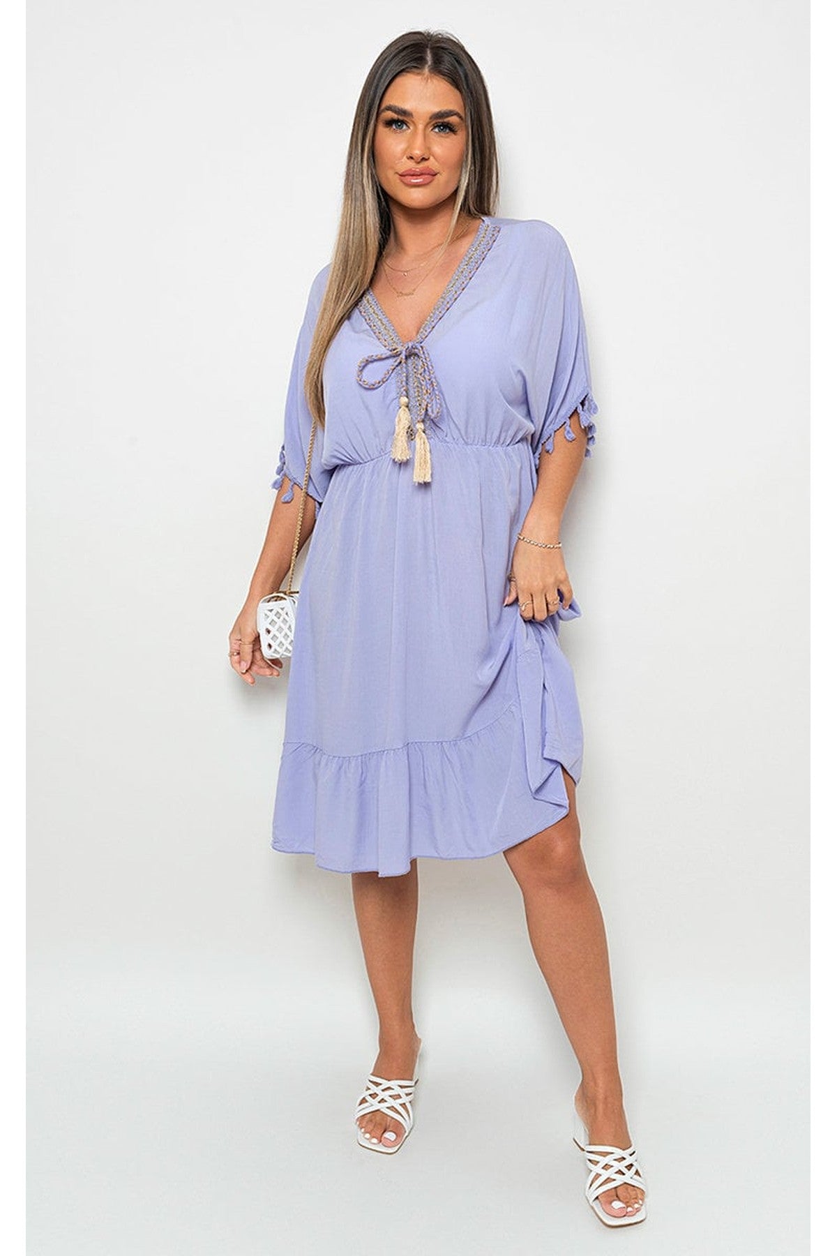 Maja V-Neck Short Sleeve Midi Dress With Tassel Detail - Lilac