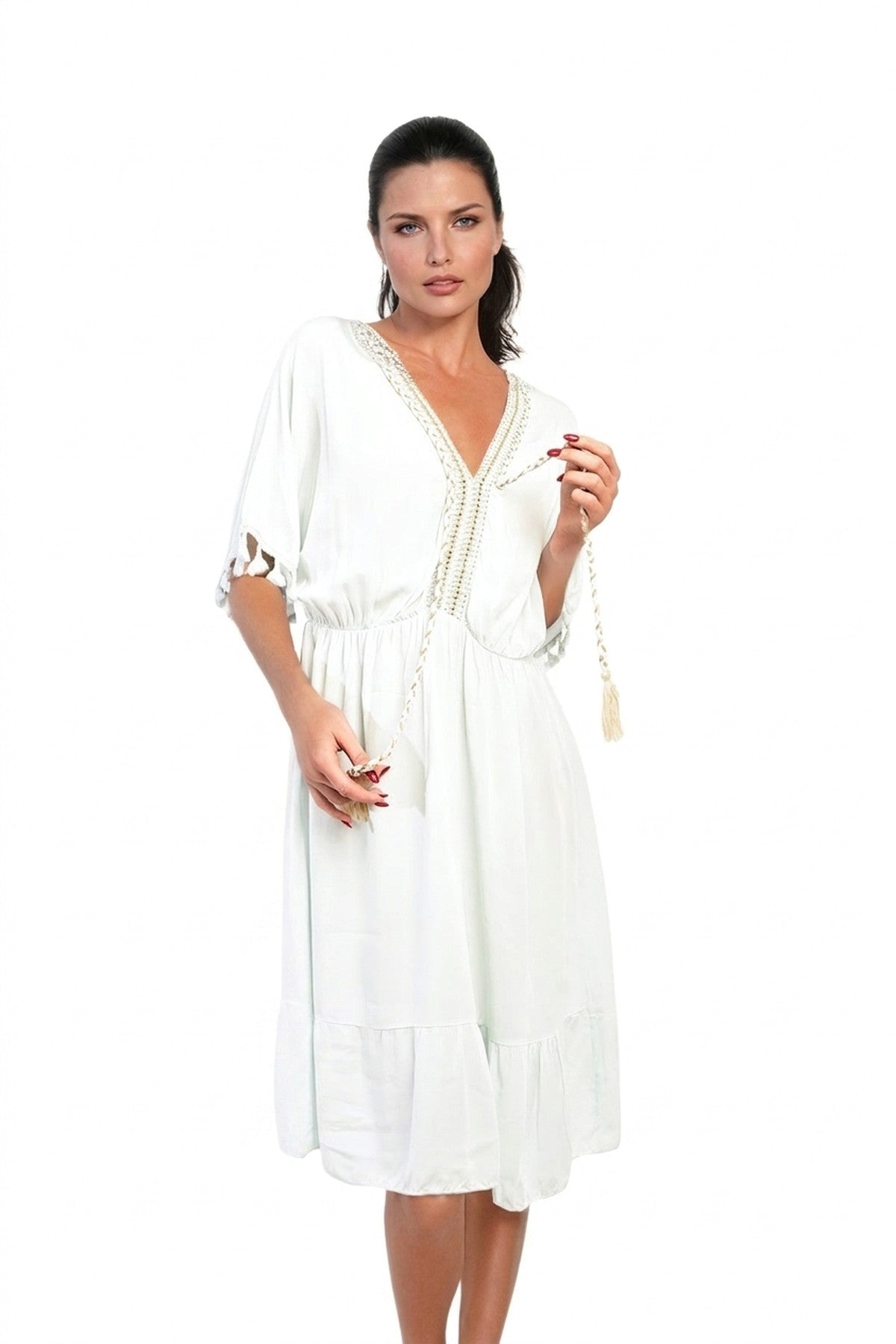 Maja V-neck Short Sleeve Midi Dress With Tassel Detail - Mint_wb