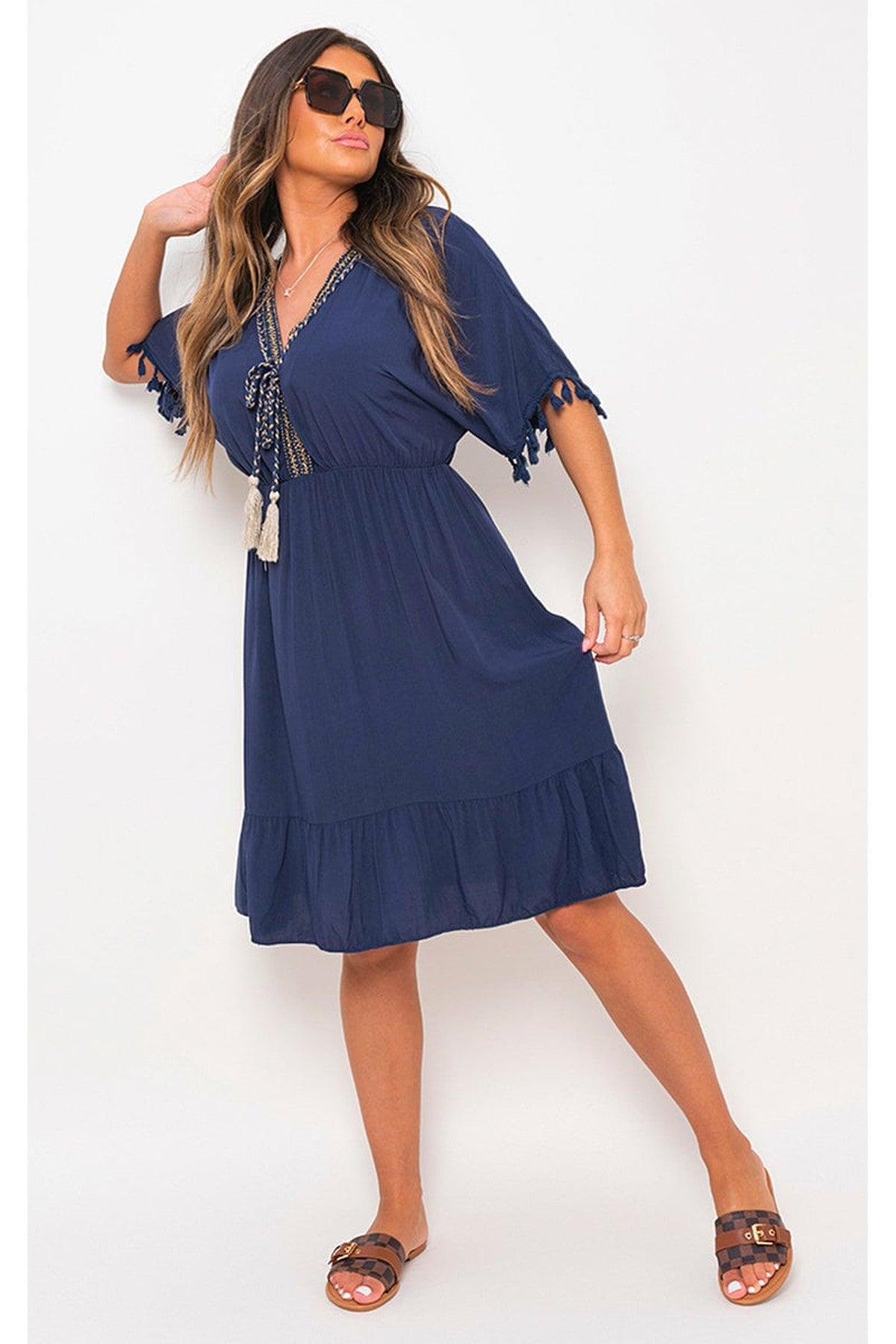 Maja V-Neck Short Sleeve Midi Dress With Tassel Detail - Navy