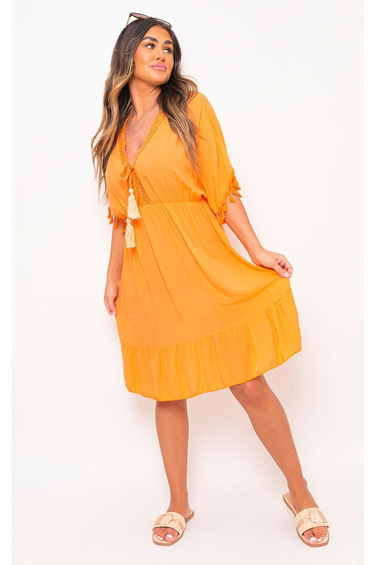 Maja V-Neck Short Sleeve Midi Dress With Tassel Detail - Orange