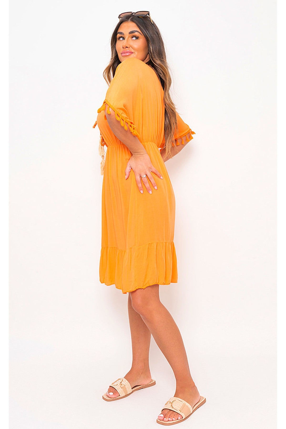 Maja V-Neck Short Sleeve Midi Dress With Tassel Detail - Orange