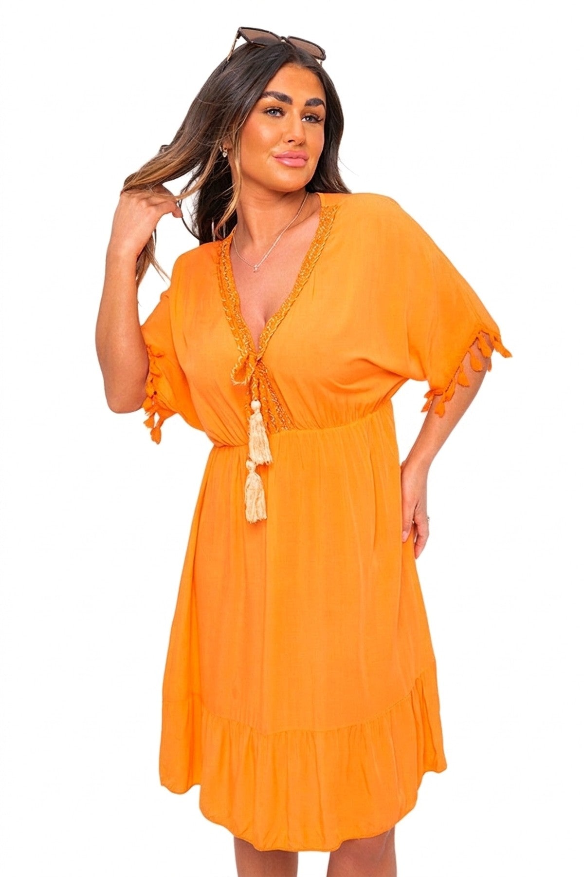 Maja V-neck Short Sleeve Midi Dress With Tassel Detail - Orange_wb