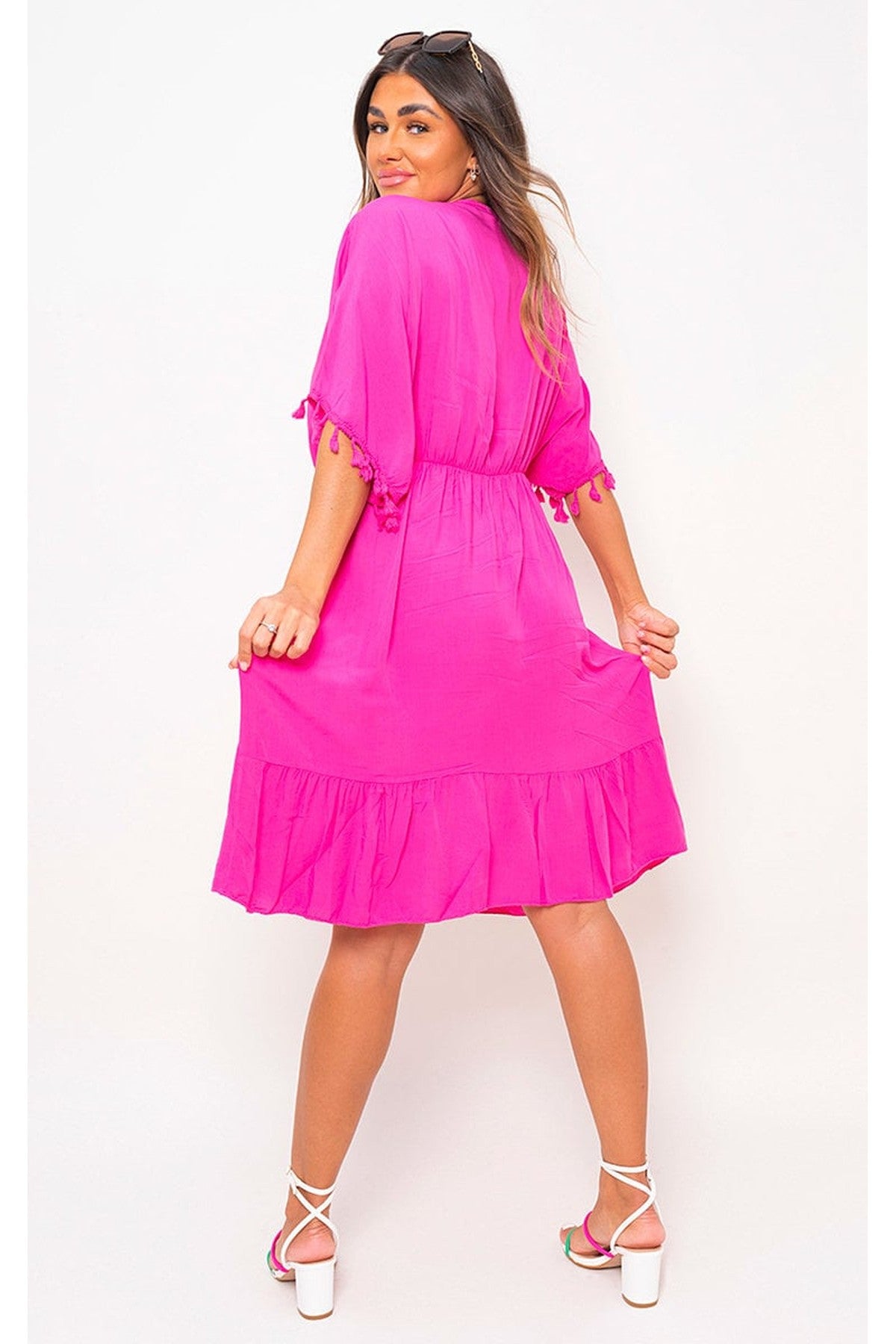 Maja V-Neck Short Sleeve Midi Dress With Tassel Detail - Pink