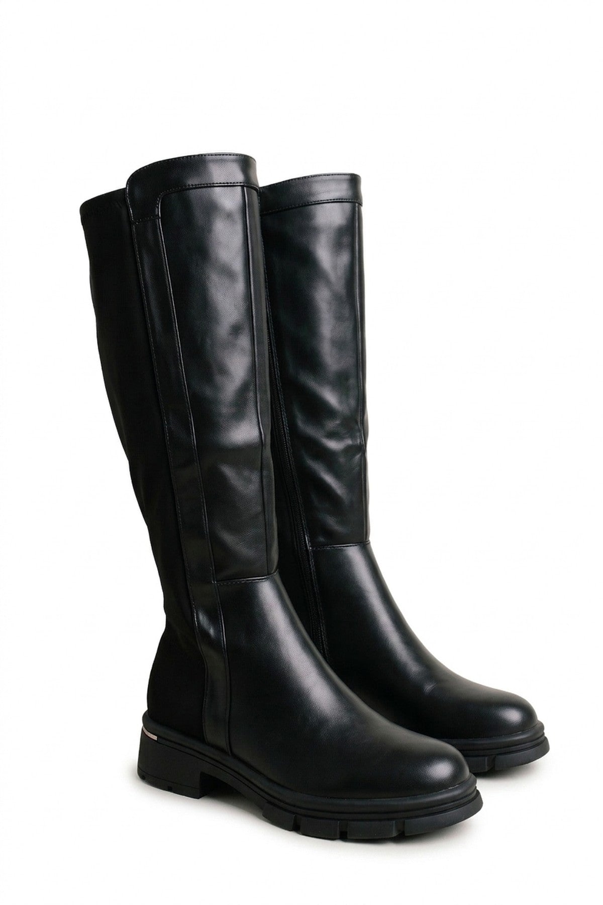 Malin Cleated Sole Knee High Riding Boots - Black PU_wb