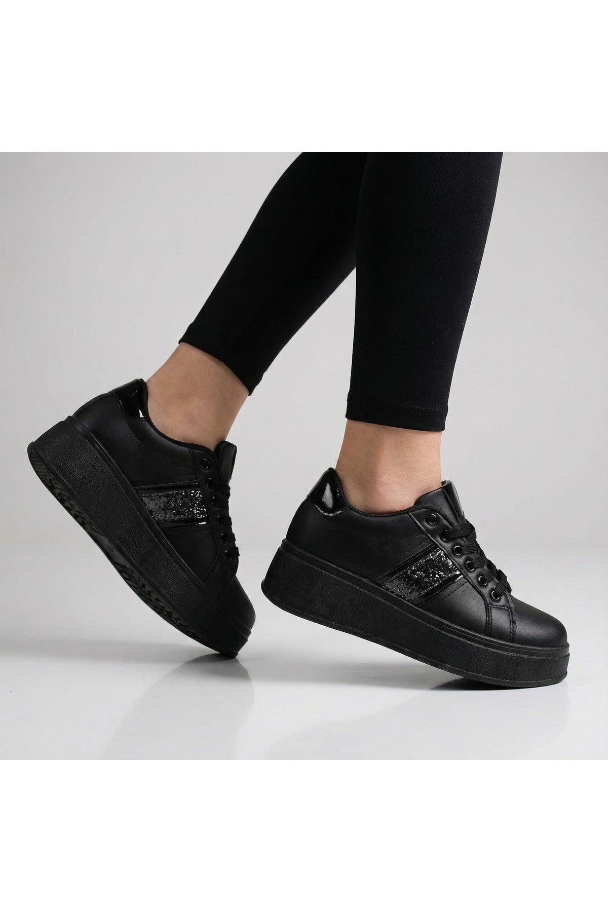 Malina Chunky Platform Glitter Detail Trainers - Black